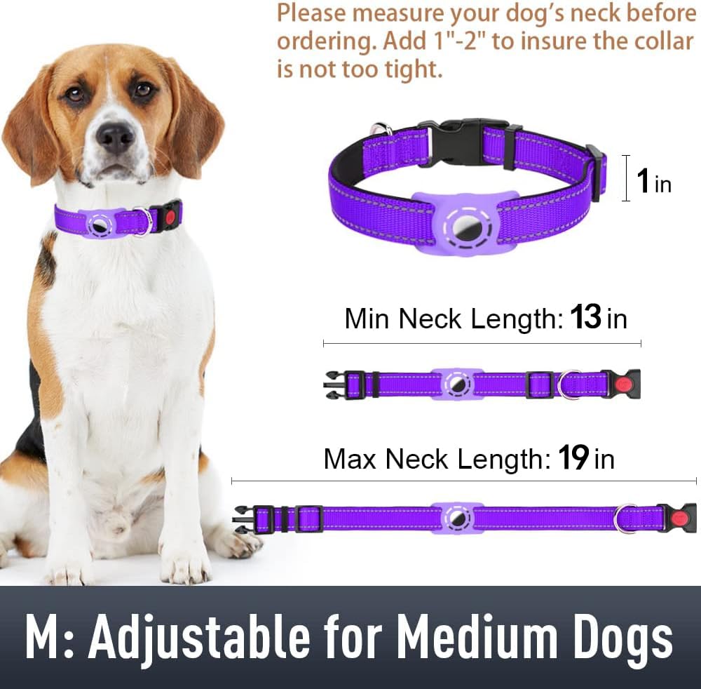 AirTag Dog Collar with Secure Holder - Reflective Nylon Pet Collar with Soft Padding & Safety Buckle - Adjustable for Medium Dogs & All Breeds (Purple) - Perfect for Night Walks, Pet Safety & GPS Tracking