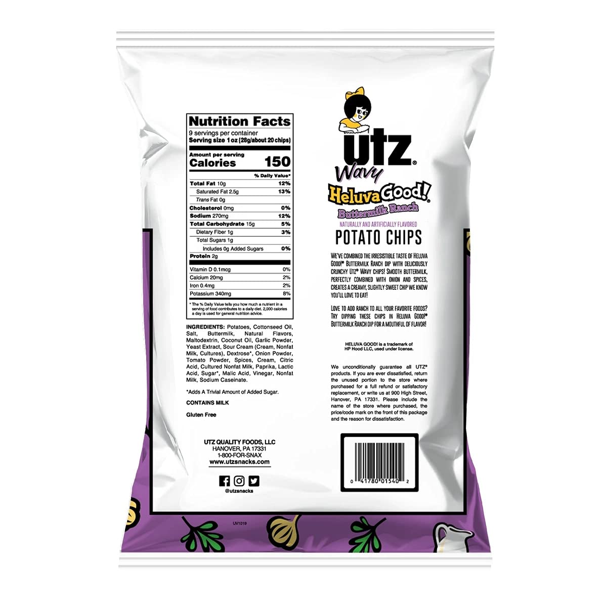 Utz Quality Foods HeluvaGood! Wavy Potato Chips - Buttermilk Ranch Flavor (9 oz, 3-Pack) | Family Size Snacks for Parties, Picnics & Game Nights