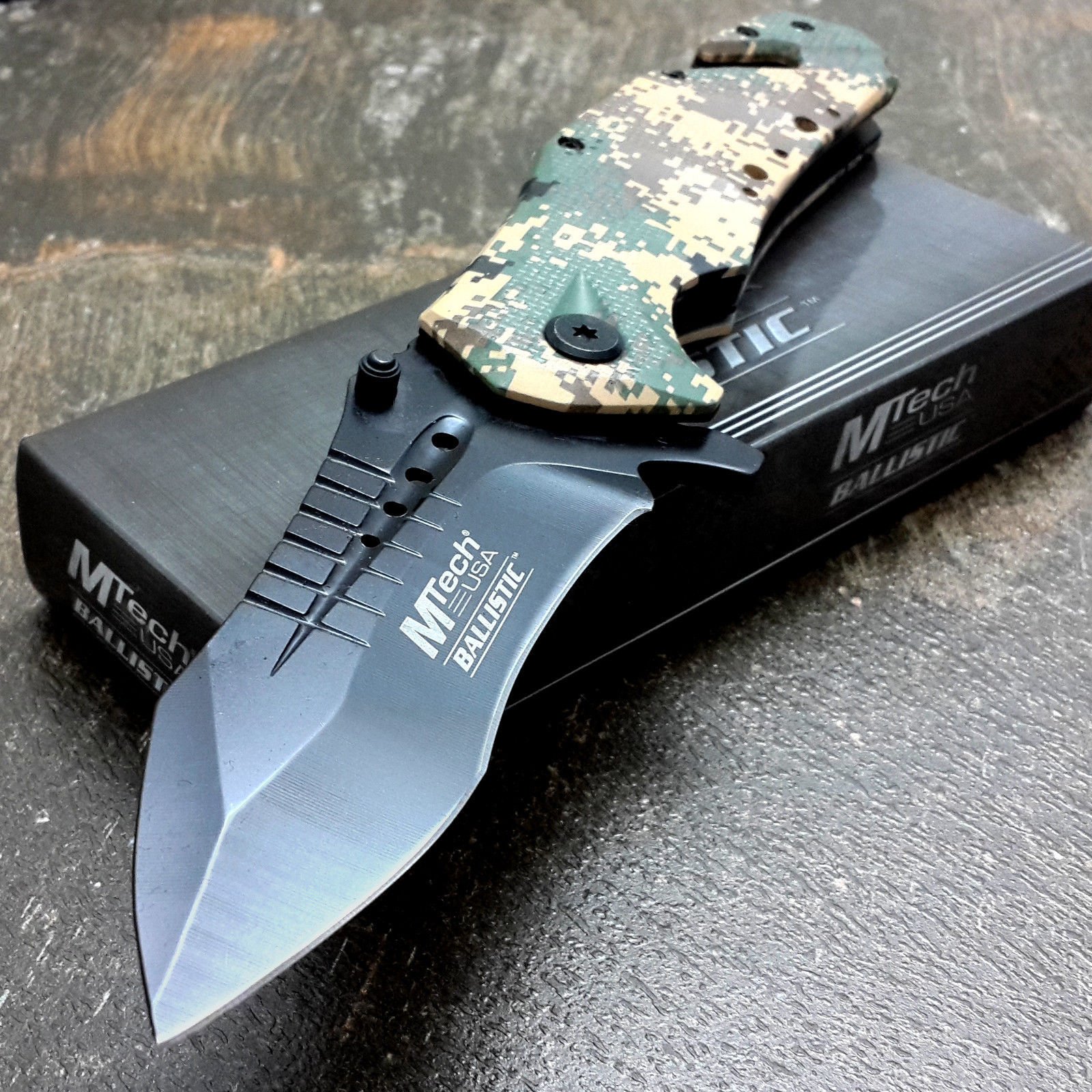 M-TECH KNIVES Assisted Opening Folding Knife - Desert Army Camo Rescue Tanto Blade - Tactical EDC, Outdoor Survival, Camping & Hunting Gear