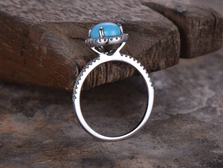 6x8mm Oval Cut Turquoise Engagement Ring - 925 Sterling Silver White Gold Plated Art Deco Wedding Band for Women, Halo Bridal Jewelry, Perfect for Proposals, Anniversaries & Special Occasions