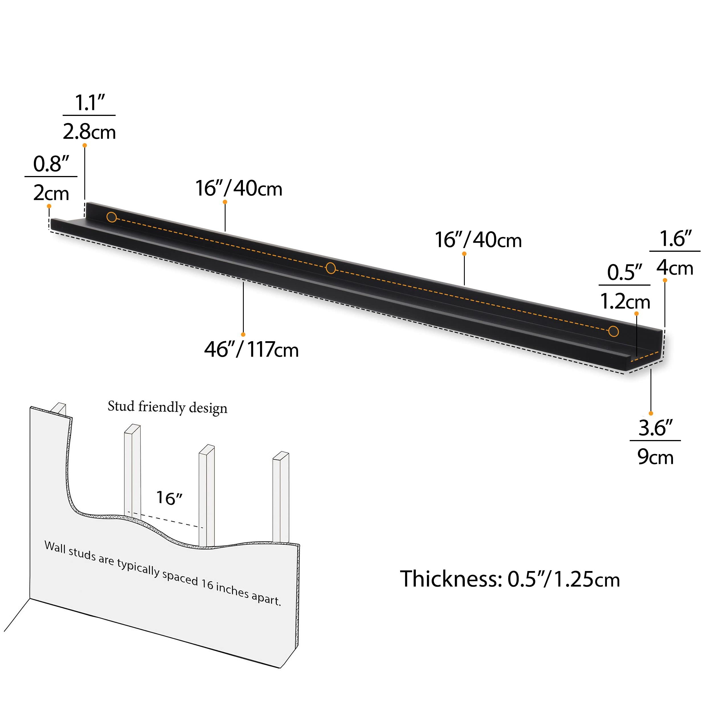 Wallniture Denver 46-Inch Floating Wall Shelves Set of 4 - Black Picture Ledge Shelf for Picture Frames, Home Decor & Display - Perfect for Living Room, Bedroom & Office Organization