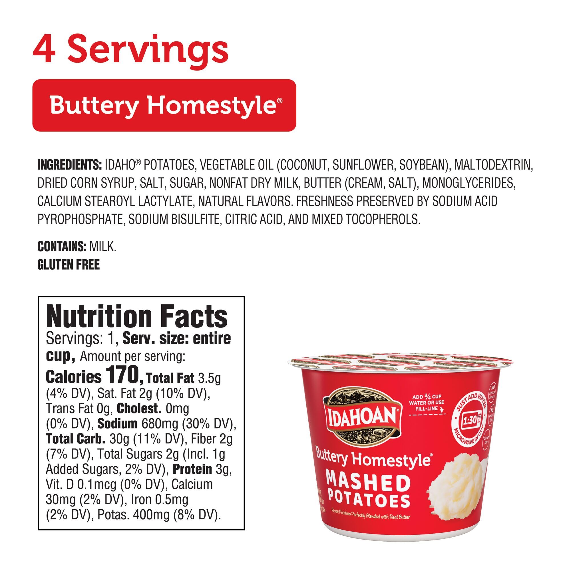Idahoan Buttery Homestyle Mashed Potatoes Cup - 1.5oz (24 Pack) | Instant Mashed Potatoes for Camping, Hiking & Emergency Food Supply | Quick & Easy Side Dish for Home, Office & Travel