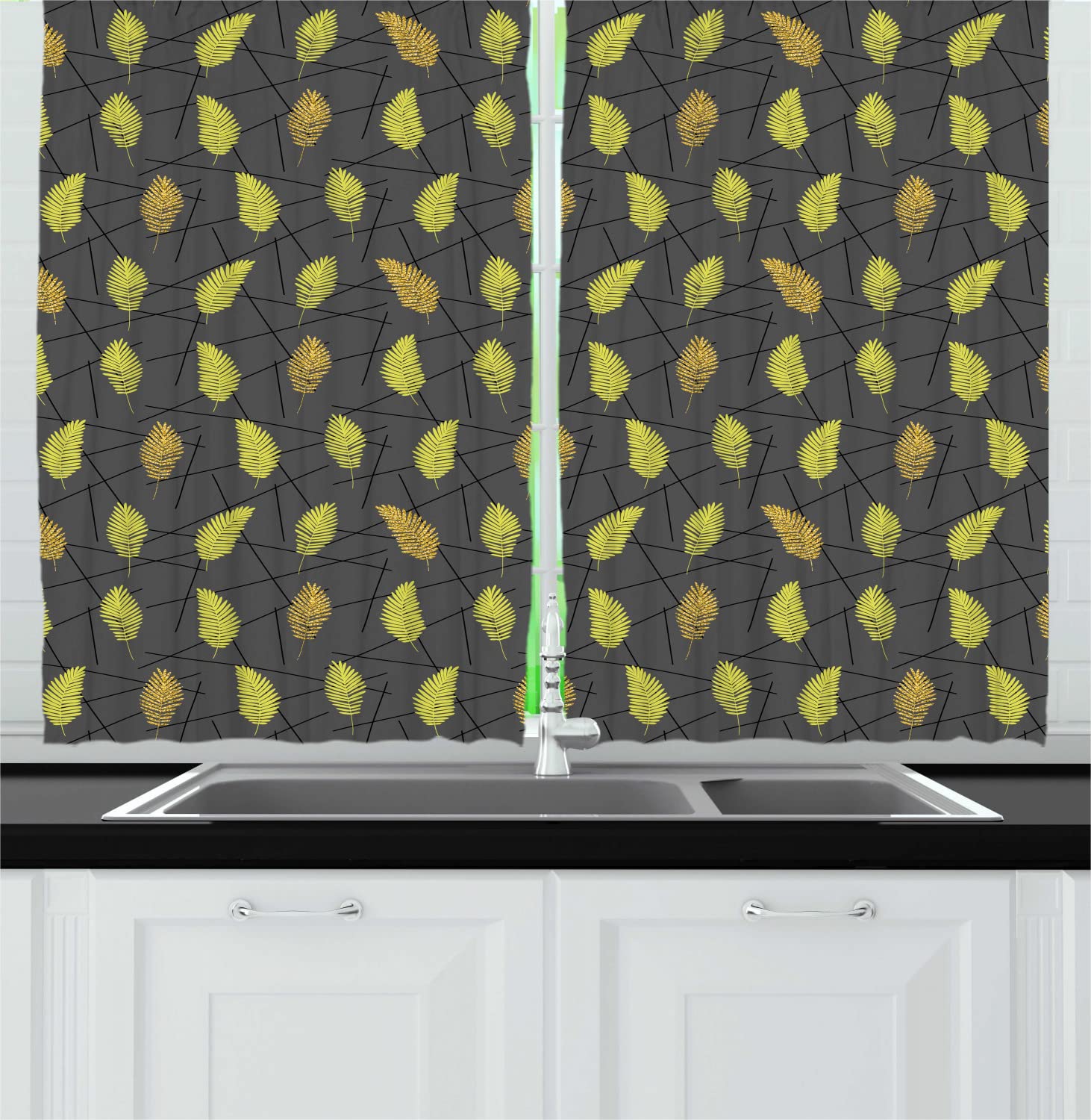 Ambesonne Botanical Long Kitchen Curtains - Forest Leaf Design with Rod Pocket, 55x45 Inch, Yellow Green & Grey - Perfect for Farmhouse, Cottage & Spring Home Decor