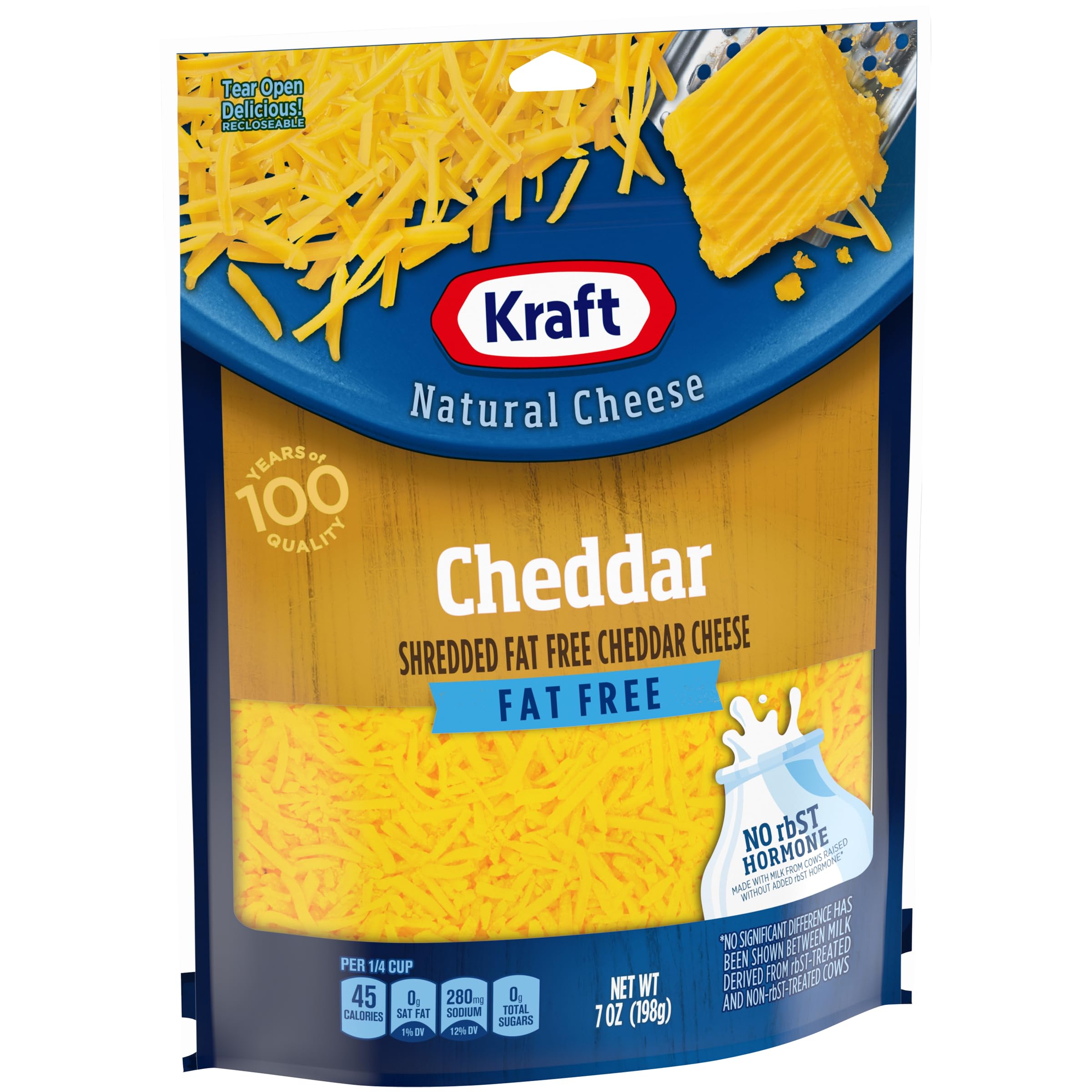 Fat Free Natural Cheddar Shredded Cheese - 7 oz Resealable Pouch | Kraft | Low Calorie, Gluten Free | Perfect for Salads, Pasta & Keto Recipes
