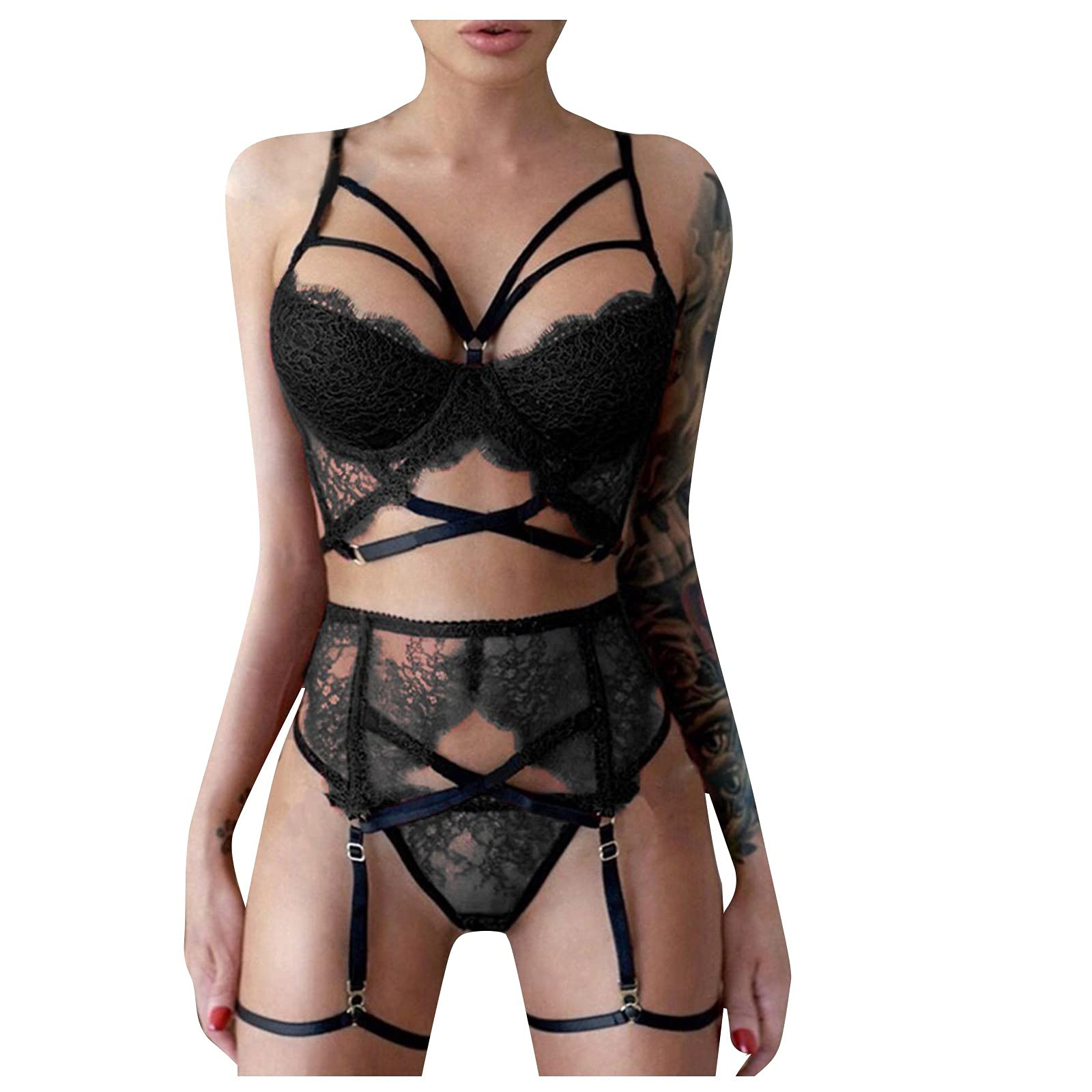 Gumipy Women's Lace Halter Lingerie Set - Plus Size Wireless Bodysuit with Ribbon Panties, Sheer See-Through Underwear for Sleepwear & Romantic Nights - Perfect for Valentine's Day & Special Occasions