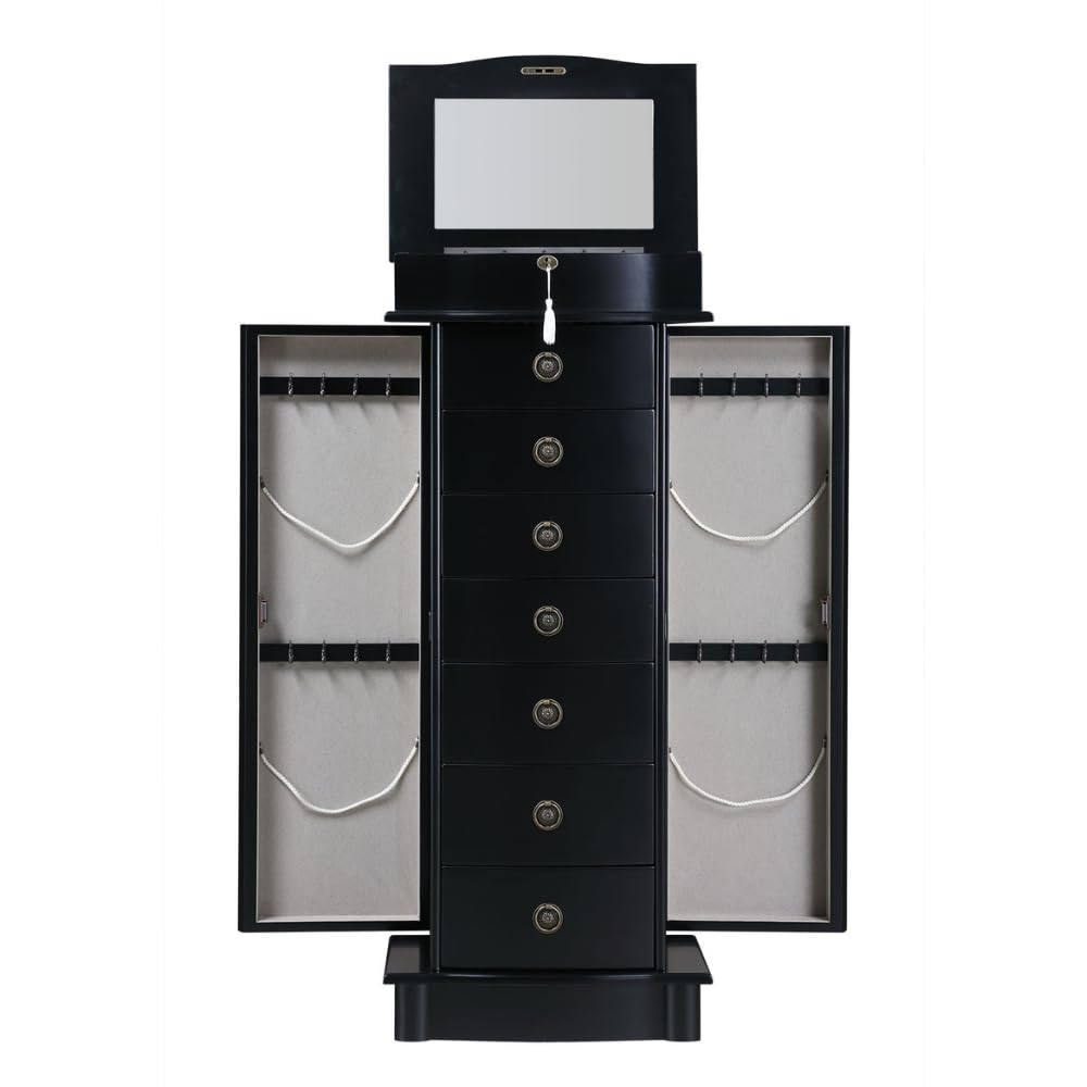 Noelle Locking Jewelry Armoire with Mirror & 7 Drawers - Necklace, Earring Organizer for Bedroom