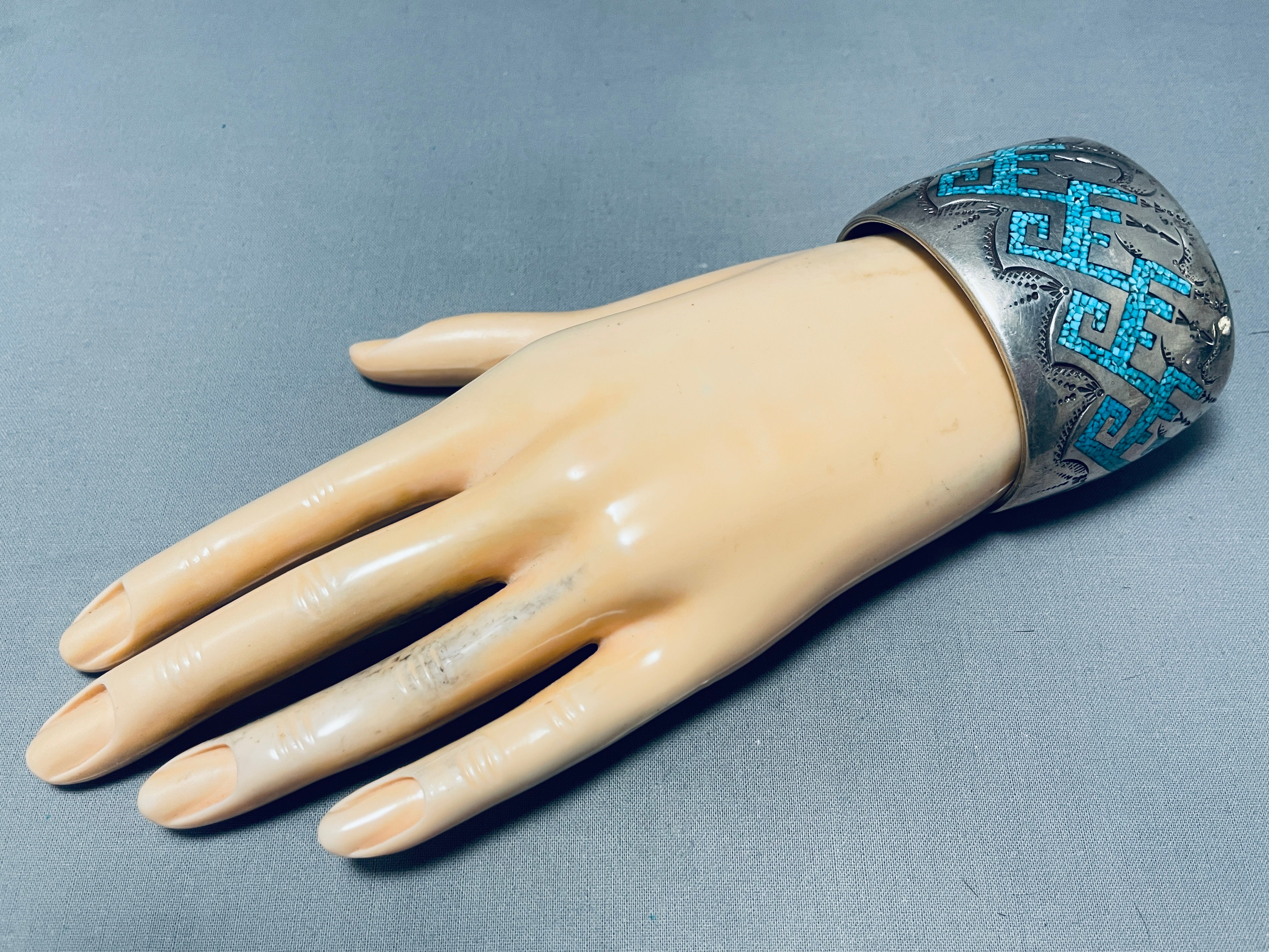 121 Gram Authentic Vintage Navajo Sterling Silver Bracelet with Geometric Water Design - Handmade Native American Jewelry for Women, Perfect for Boho Fashion & Special Occasions