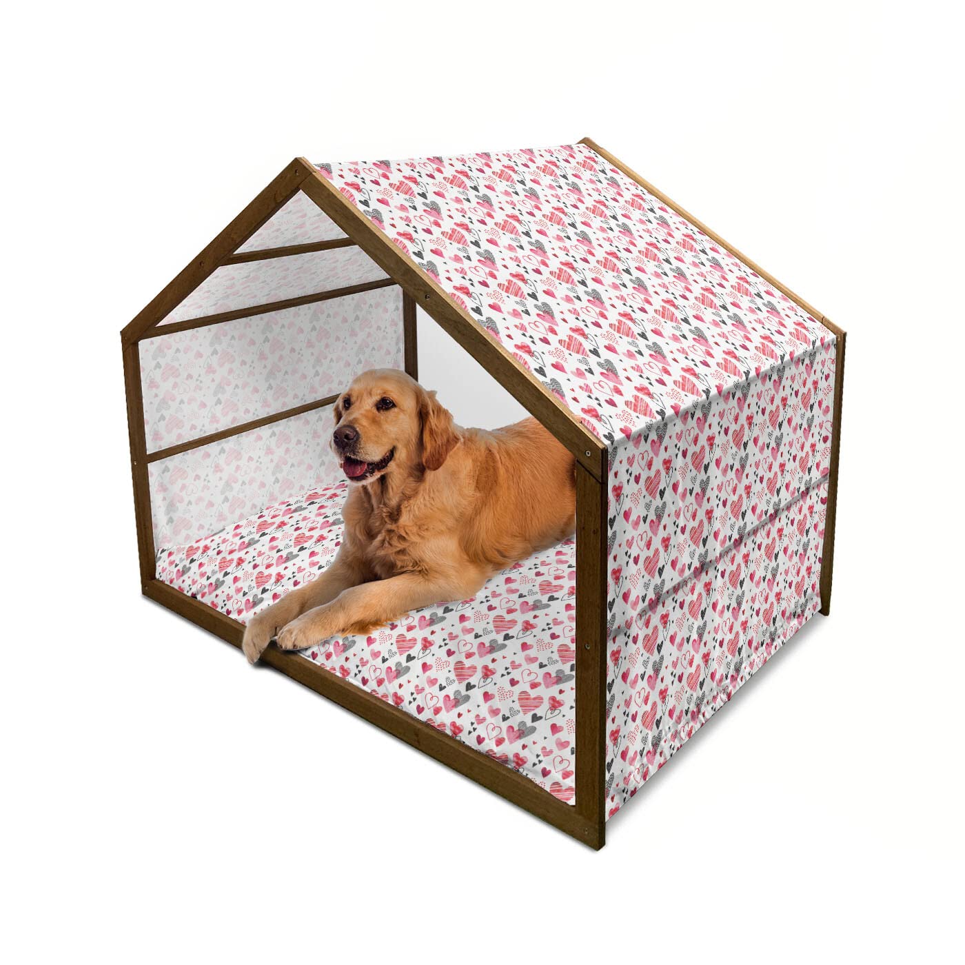 Ambesonne Valentine Wooden Dog House - Romantic Heart-Shaped Watercolor Striped Design, Indoor & Outdoor Portable Pet Kennel with Pillow & Cover, X-Large (Pink, Black, White) - Perfect for Valentine's Day, Anniversary Gifts & Cozy Pet Bedroom Decor