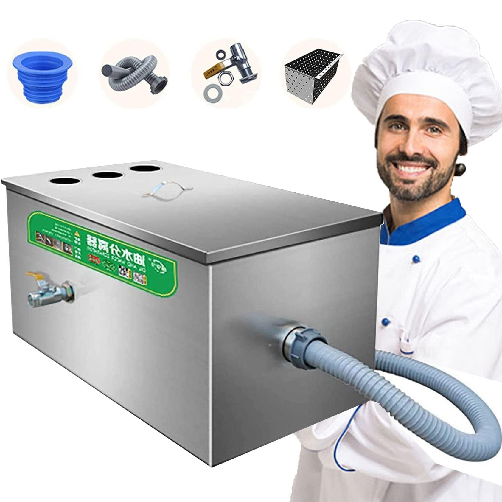 Stainless Steel Commercial Grease Interceptor 60x30x30cm - Under Sink Grease Trap & Oil-Water Separator for Restaurant Kitchen Wastewater with Removable Baffles | Heavy-Duty Drainage Solution for Food Service & Commercial Kitchens