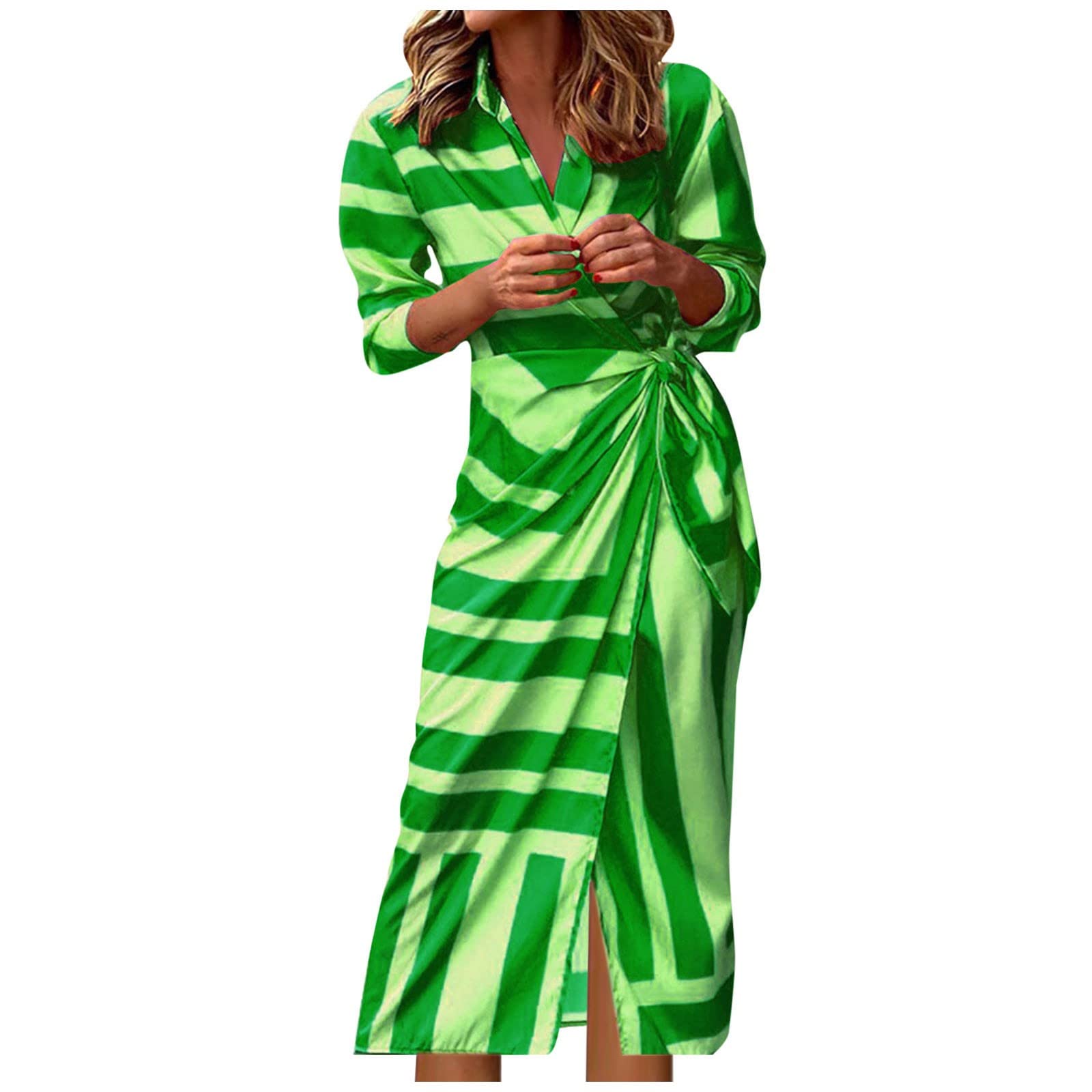Elegant Women's Summer Wedding Guest Dress - Lace-Up Striped Print Polo Neck Long Dress with Built-in Shorts | Perfect for Weddings, Parties & Special Occasions