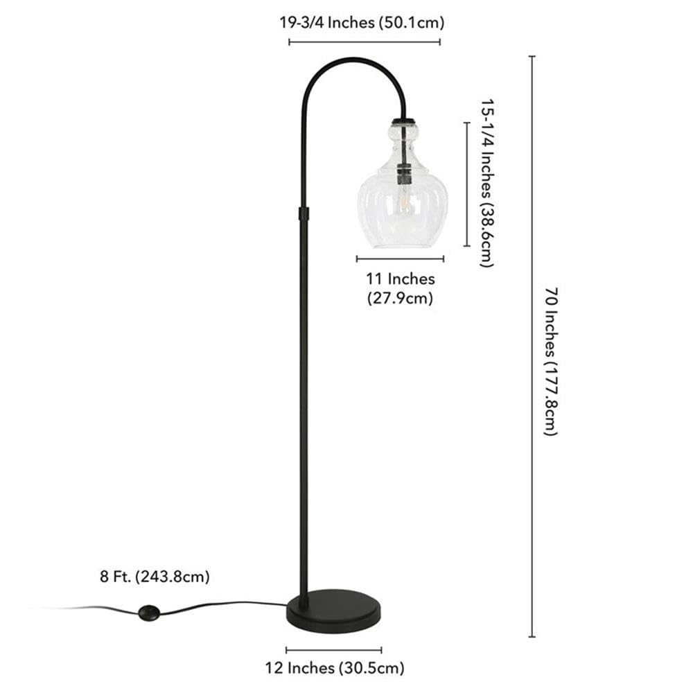 Black Bronze Metal Arc Floor Lamp with Seeded Glass Shade - Modern Industrial Lighting for Living Room, Bedroom & Office Decor