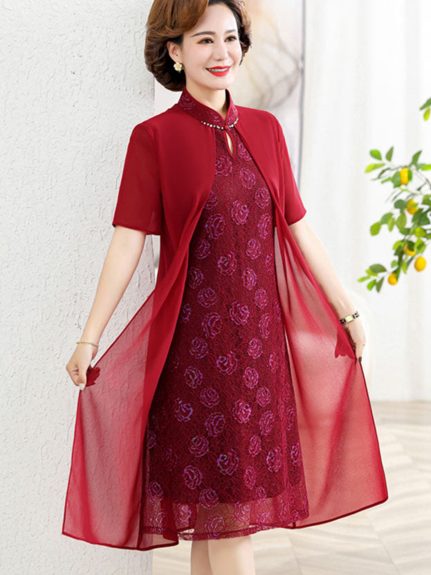 Elegant Red and Blue Floral Print A-Line Qipao Cheongsam Dress for Women - Perfect for Mother's Day, Weddings, and Special Occasions
