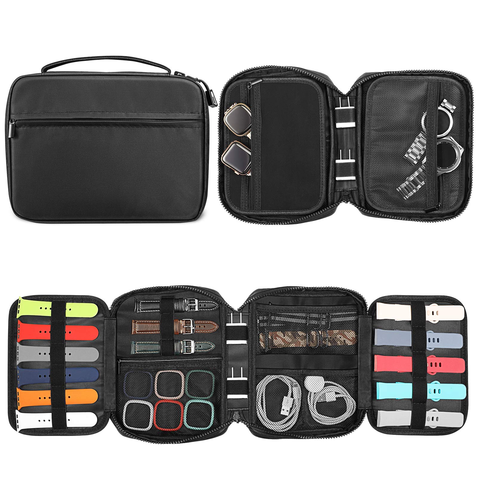 Fintie Watch Bands Storage Organizer - Travel Pouch Case for Watch Straps, Watch Band Pins, Cables & Watch Cases - Compact Black Watch Accessory Holder for Travel & Daily Organization