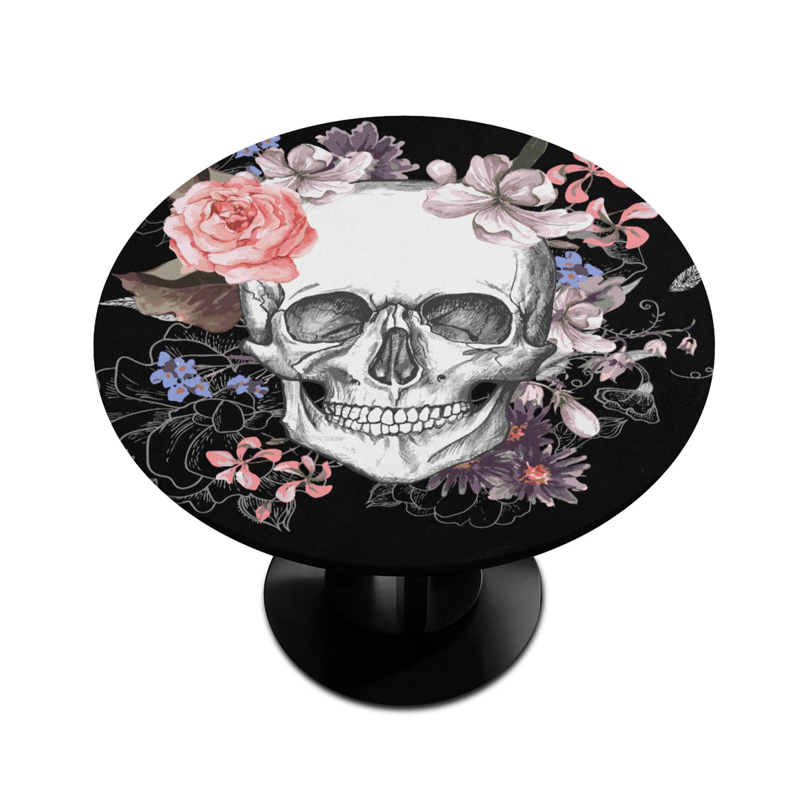 Day of the Dead Floral Round Tablecloth - Elastic Edge Fitted Table Cover, Waterproof & Wipeable, 45