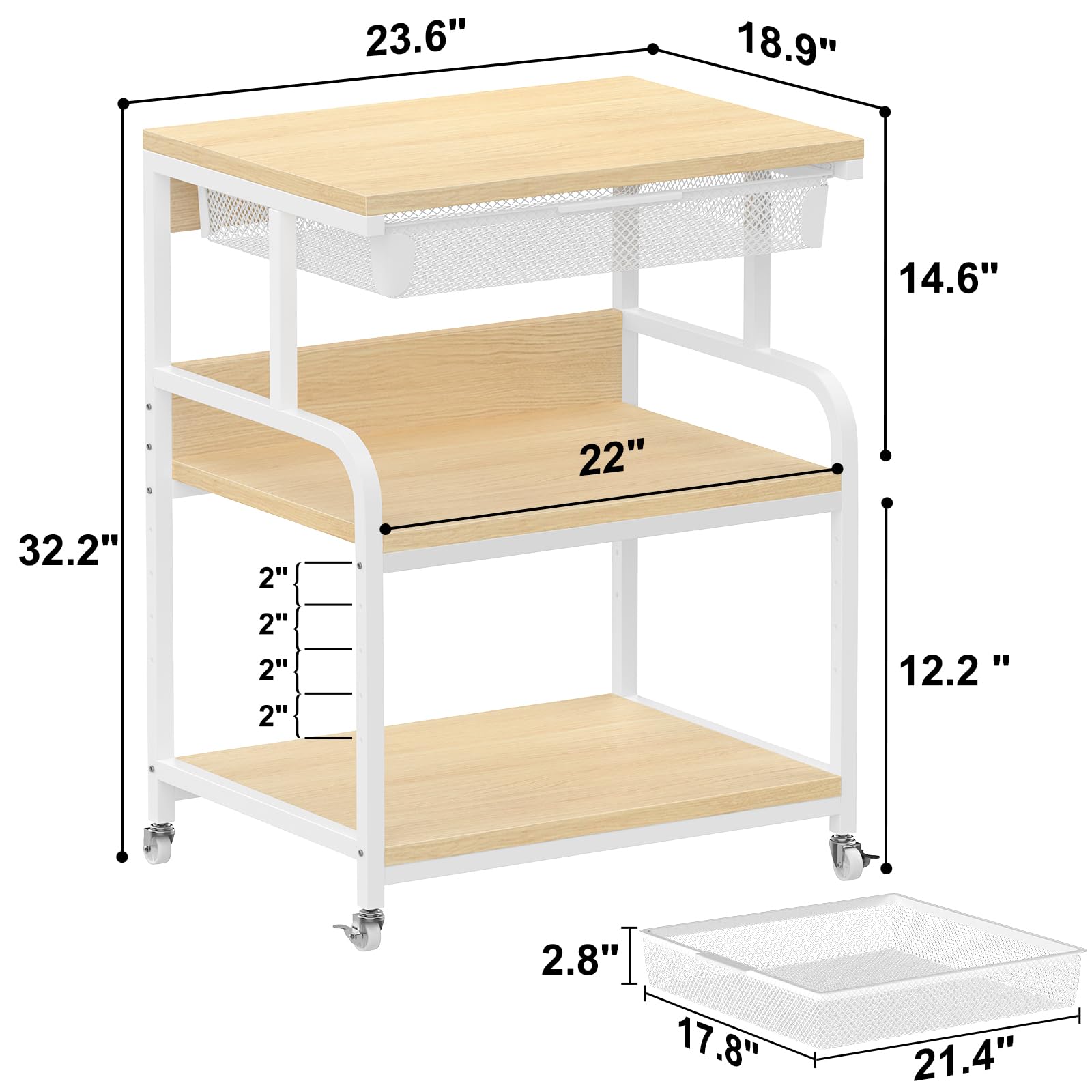 EasyCom 23.6''x18.9'' Extra Large Adjustable Printer Stand with 3 Storage Drawers & Wheels - 5 Height Settings Rolling Printer Cart for Home Office - Perfect for Printer, Scanner & Fax Machine Organization