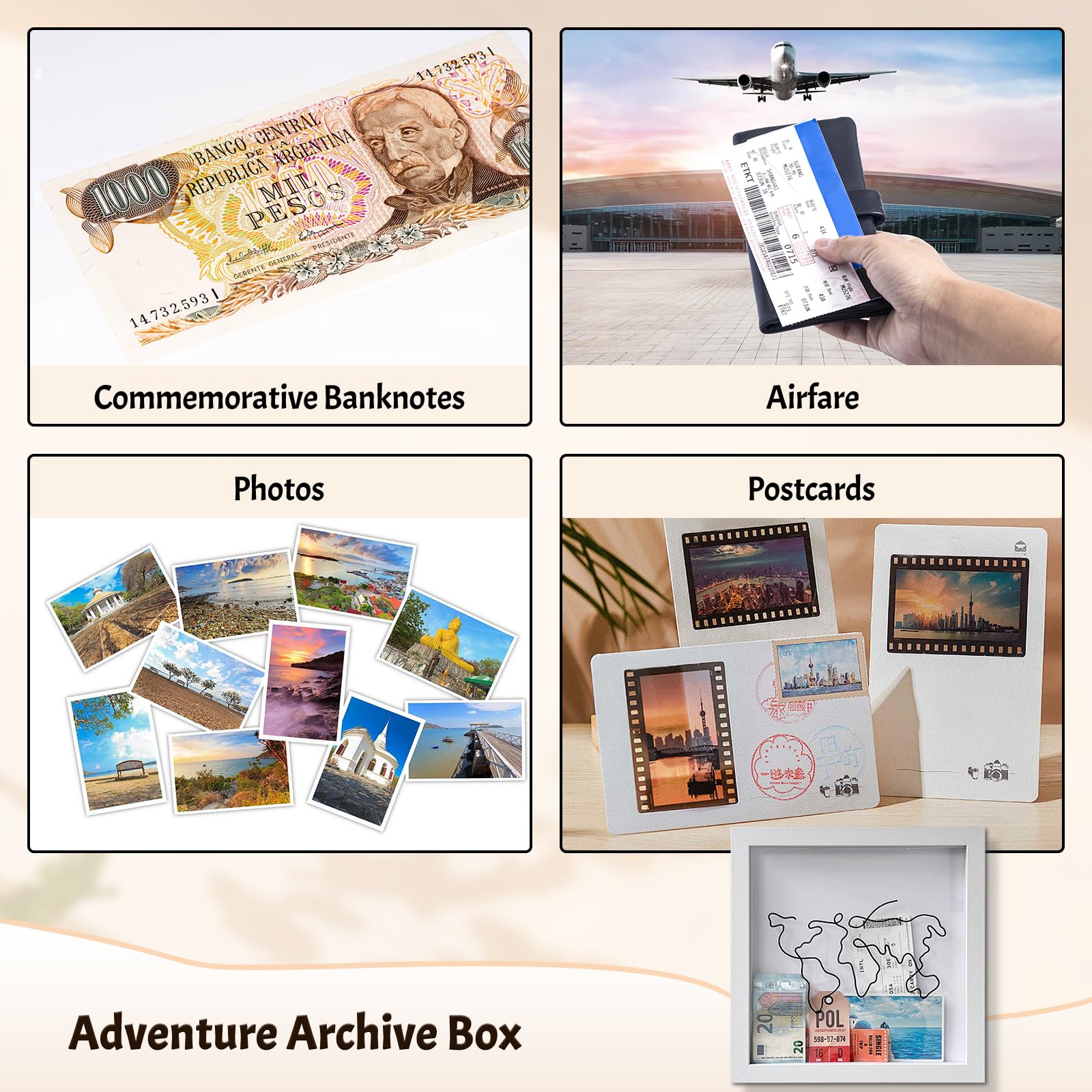 12x12 Inch Travel Adventure Shadow Box - Top Loading Memory Keepsake Box for Tickets, Photos & Mementos - Perfect for Concert Tickets, Travel Souvenirs & Family Memories (Black & White) - Great for Wall Display, Home Decor & Gift Giving