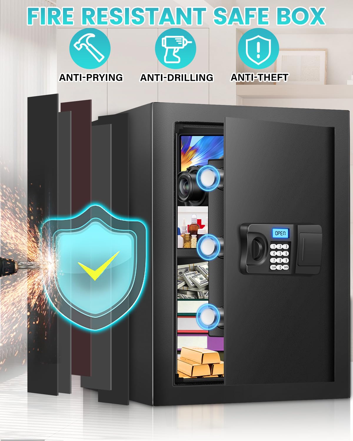 2.6 Cuft Fireproof Waterproof Digital Safe Box with Programmable Keypad & Smart Alert - Secure Business Money, Jewelry, Valuables - Ideal for Home, Office & Small Business Security