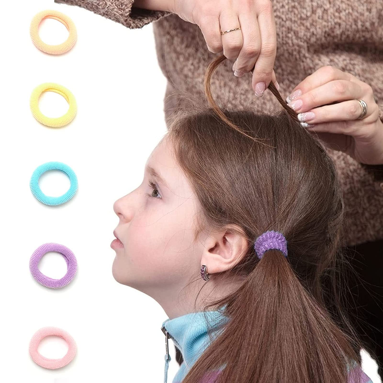 BIEUFBJI 100 Pcs Soft Seamless Elastic Hair Ties for Baby & Toddler Girls - Gentle No-Pull Hair Bands for Sensitive Scalp - Perfect for Daily Use, School, and Special Occasions