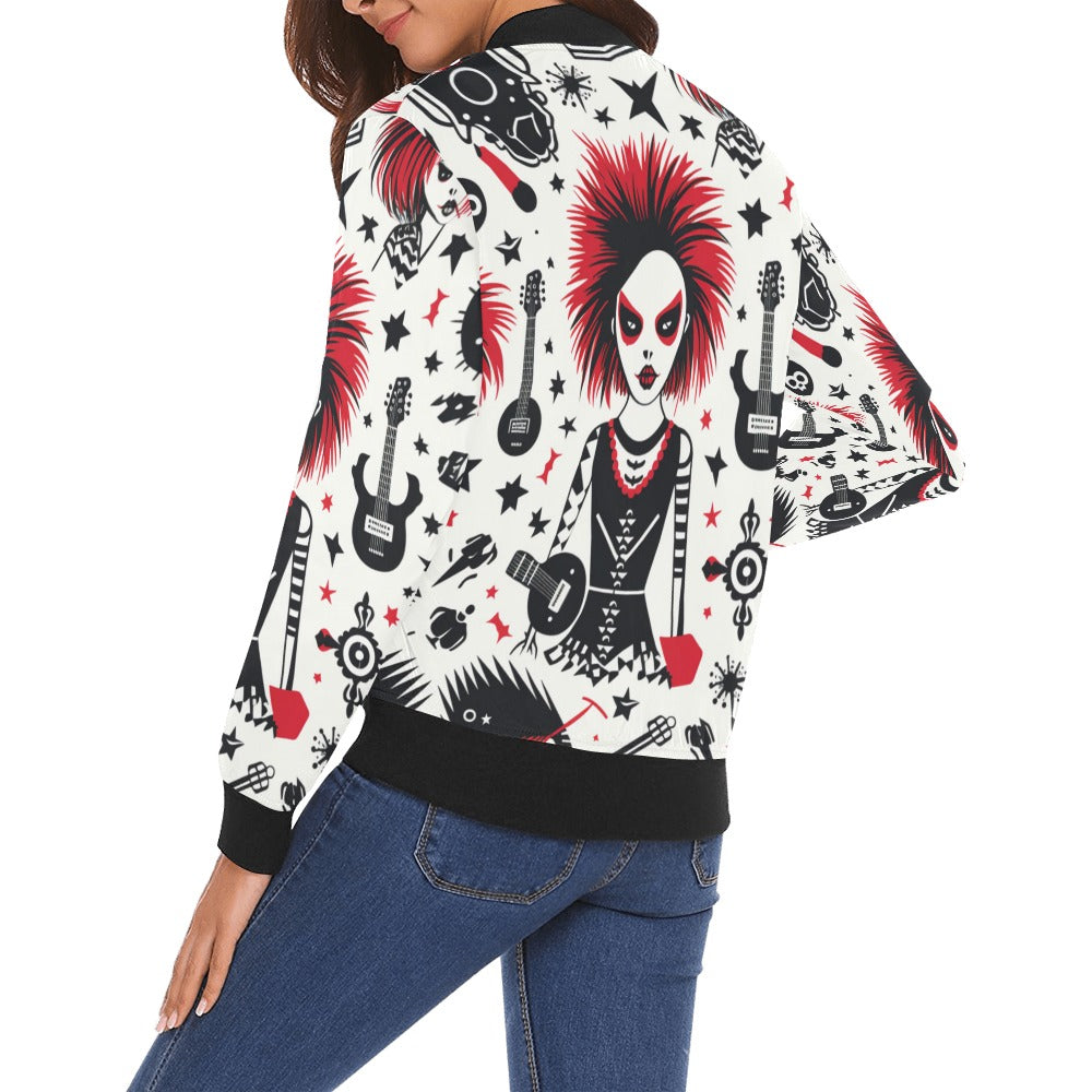 Punk Rock Girl Bomber Jacket - Vintage Distressed Leather Biker Jacket for Women, Edgy Rocker Style Outerwear (Perfect for Concerts, Festivals & Streetwear Fashion)