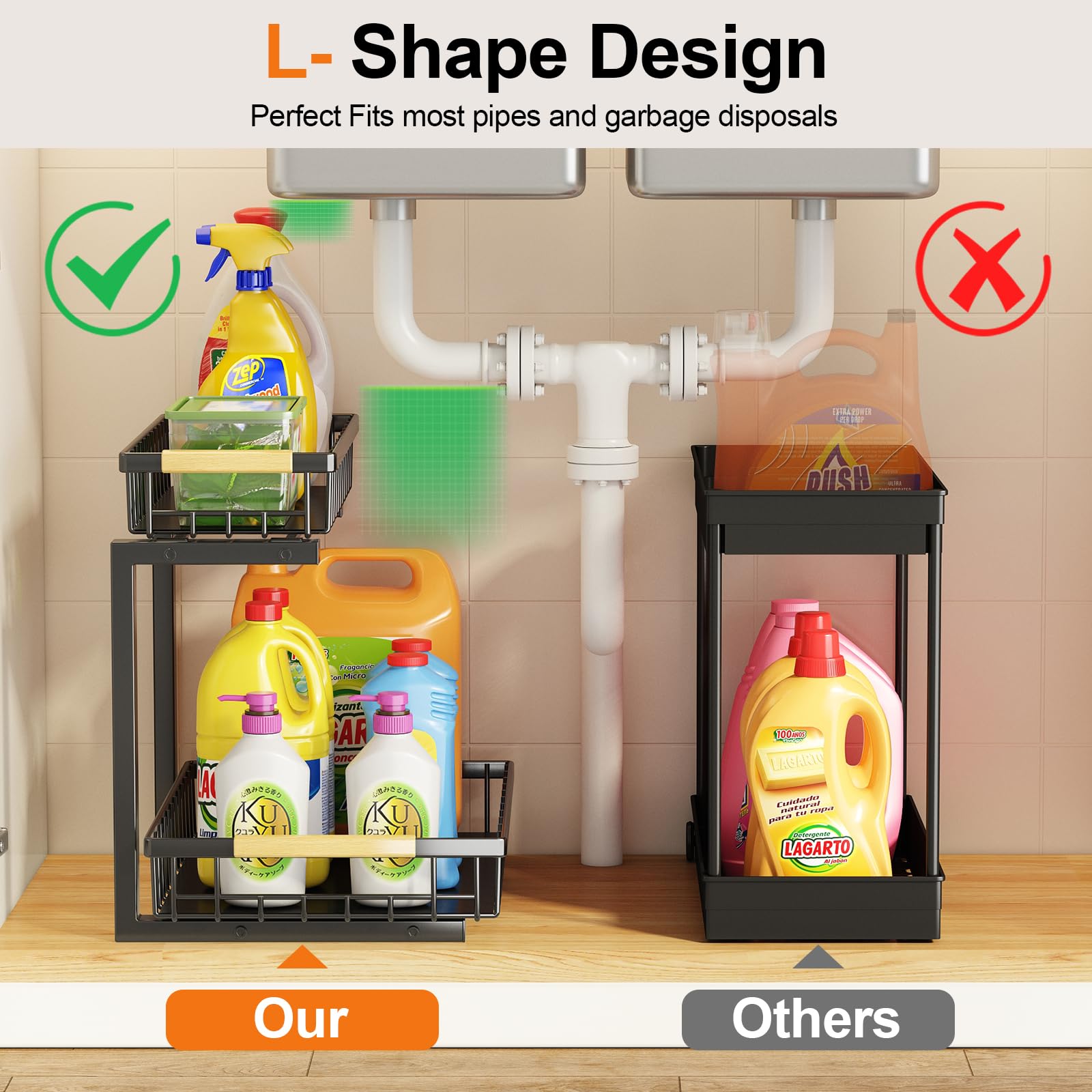2-Tier Under Sink Organizer & Storage Shelf - Metal Pull Out Cabinet Organizer with Sliding Drawers for Kitchen, Bathroom & Closet (2 Pack) - Perfect for Maximizing Space Under Sinks and Cabinets