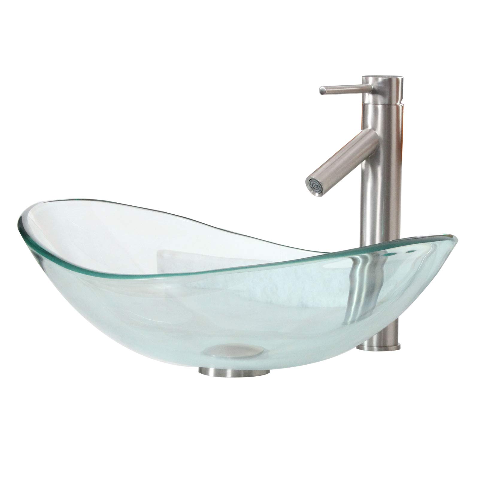 Premium Clear Glass Boat-Shaped Vessel Sink with Brushed Nickel Single Lever Faucet & Pop-Up Drain - Modern Bathroom Vanity Upgrade for Powder Rooms, Master Baths & Luxury Home Decor