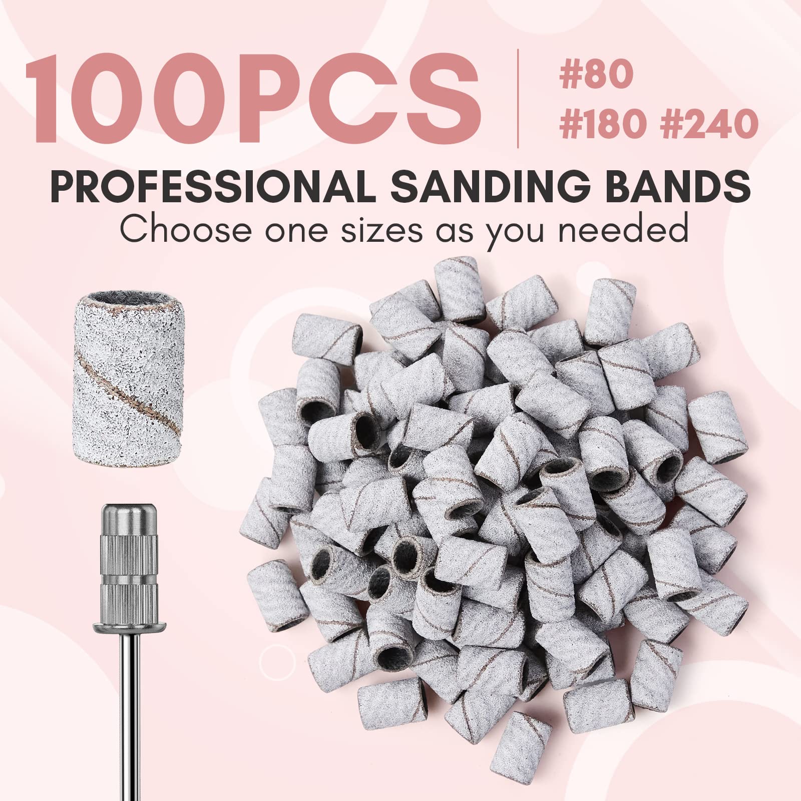 Makartt 100 Pcs Nail Drill Sanding Bands #180 Medium Grits - Professional Acrylic Nails Gel Removal & Shaping - Thicker Durable Sanding Drill Bits for Manicure & Pedicure - Perfect for Salon, Home Nail Care & DIY Nail Art