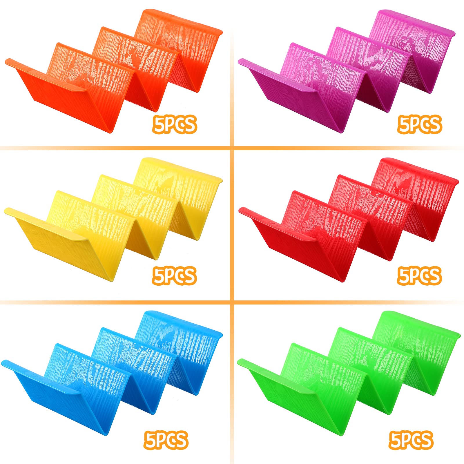 Nuogo 30-Pack Colorful Plastic Taco Holder Stand - Large Taco Tray Plates Holds 2-3 Tacos Each, Sturdy Tortilla Rack Server for Parties, Dishwasher & Microwave Safe - Perfect for Taco Tuesday, Mexican Fiesta & Family Gatherings