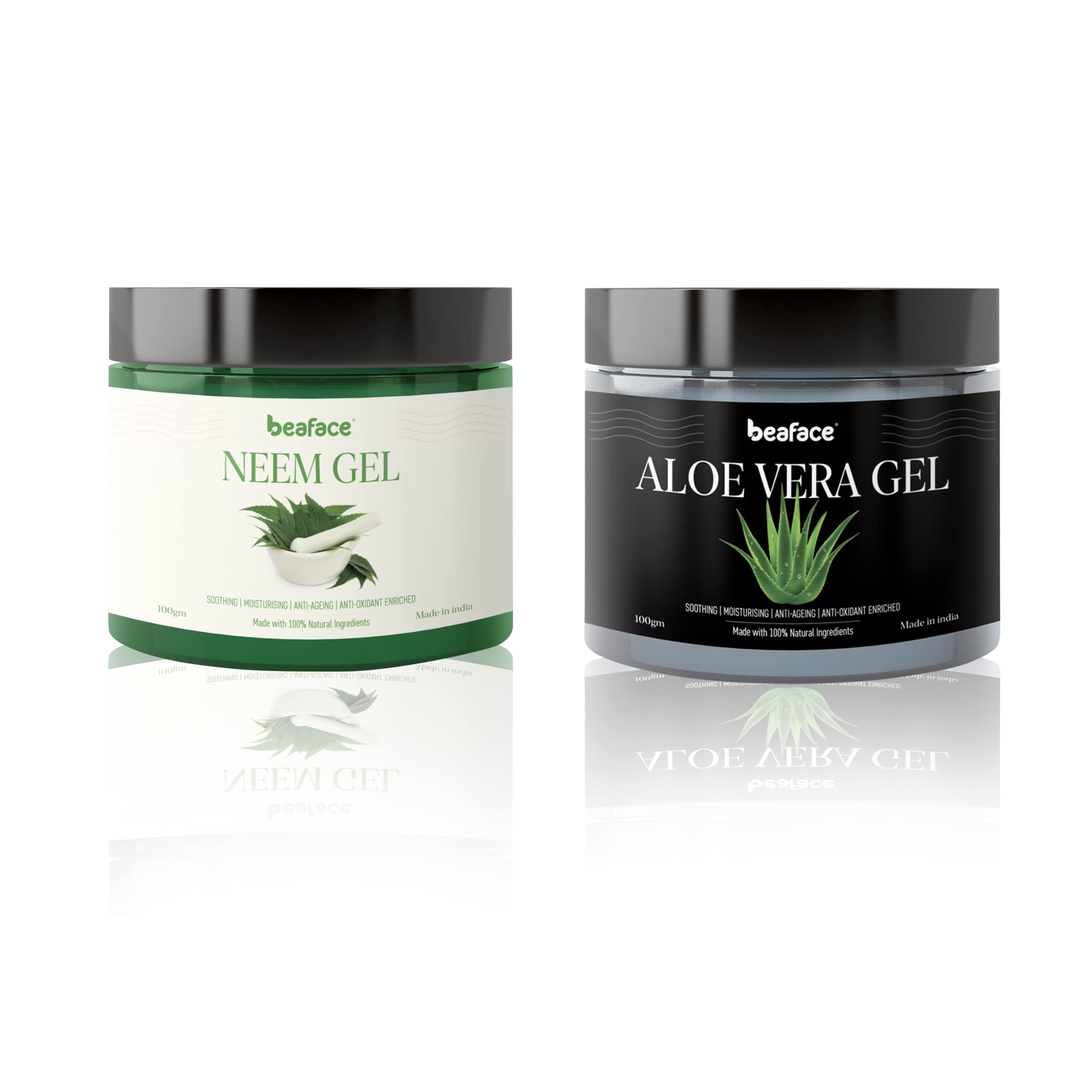 Beaface Combo Pack - Neem Face Gel & Aloe Vera Skin Gel (100g Each) | 2-Piece Set for Acne Treatment & Skin Hydration | Perfect for Daily Skincare Routine & Travel Essentials