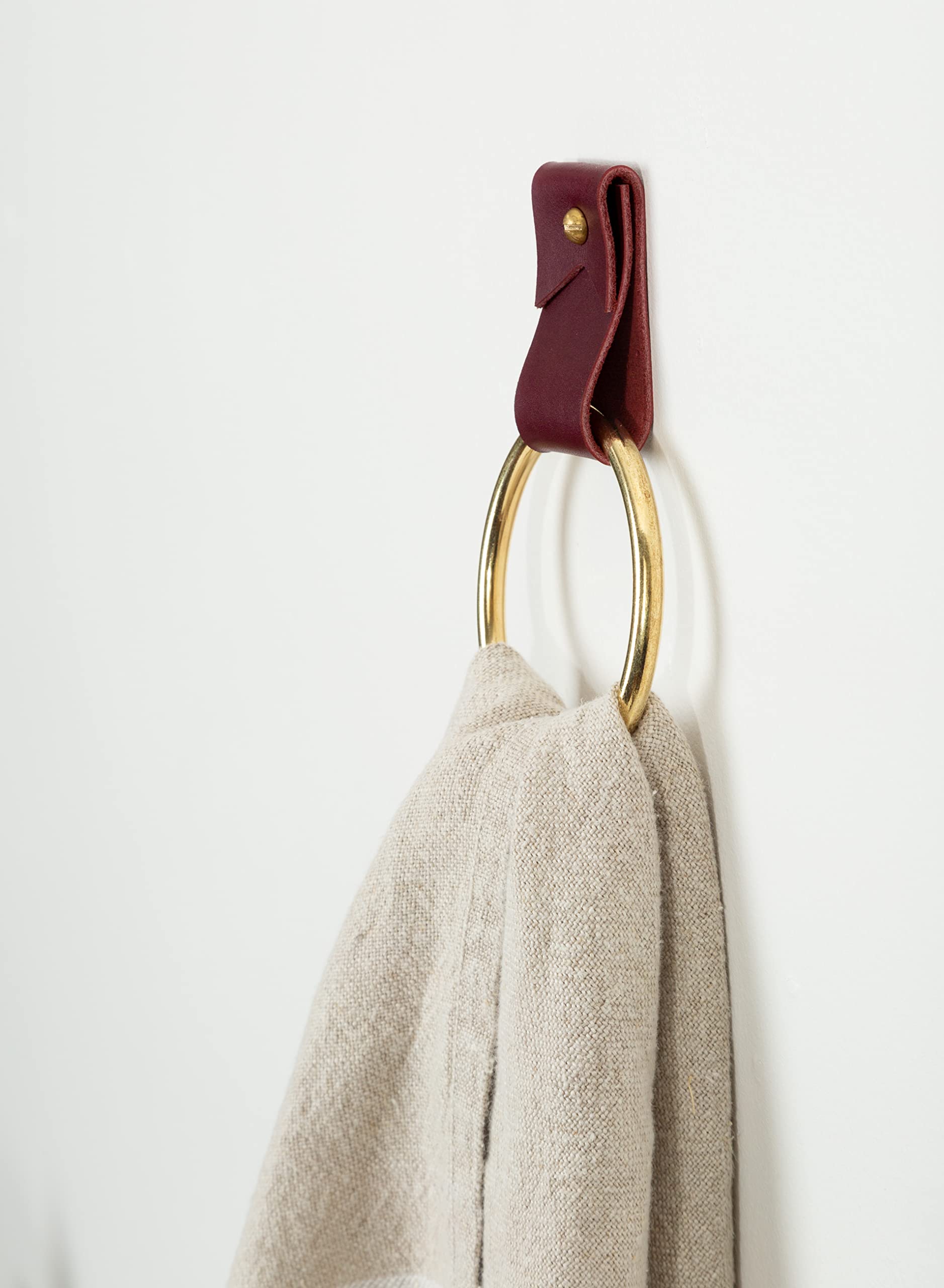 KEYAIIRA - Small Wide Leather Wall Hook, Minimalist Steel Towel Ring for Bathroom, Hand Towel Holder with Leather Loop Strap - Perfect for Wall Hanging, Kitchen, Entryway & Decorative Storage