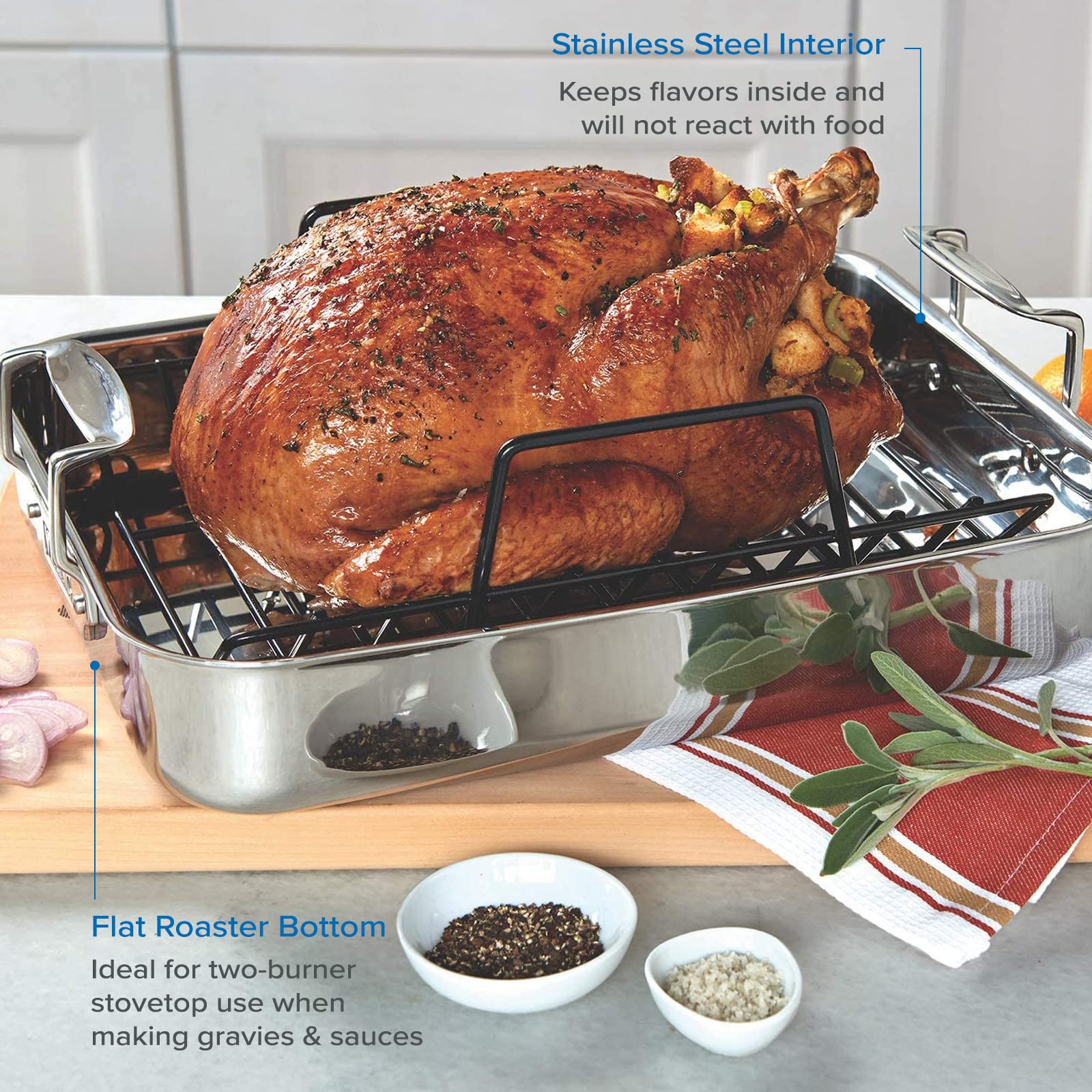 Viking 3-Ply Stainless Steel Roasting Pan with Non-Stick Rack - 16 x 13 Inch Oven Safe Cookware for Turkey, Chicken & Meat - Dishwasher Safe, Induction Compatible - Perfect for Holiday Dinners, Family Gatherings & Meal Prep