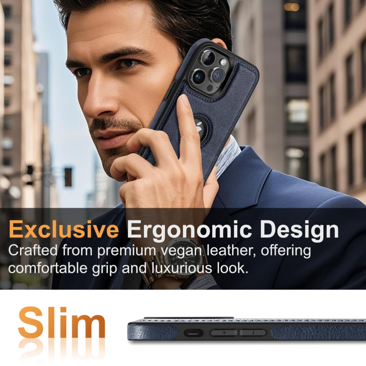 Premium Luxury Leather Business Phone Case for iPhone 13 Pro Max - Anti-Slip Scratch Resistant Ultra Slim Protective Cover (6.7 Inch, Blue) - Perfect for Office Professionals & Business Travel
