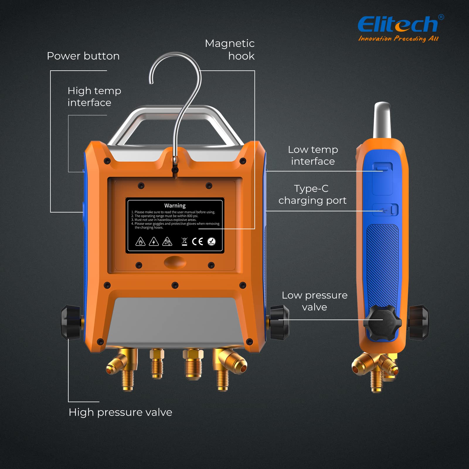 Elitech EMG-40V Digital HVAC Manifold Gauge with Hoses & Sensors - for AC Refrigerant Charging