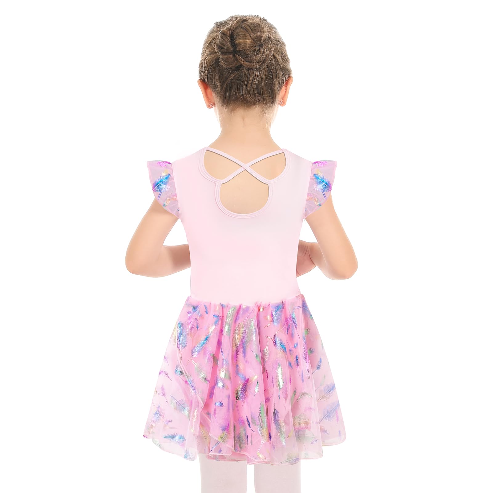 Phineein Girls' Flutter Sleeve Criss-Cross Back Dance Leotard - Ballet Gymnastics Leotard with Dress Cutout Back for Kids Dance Class & Performance