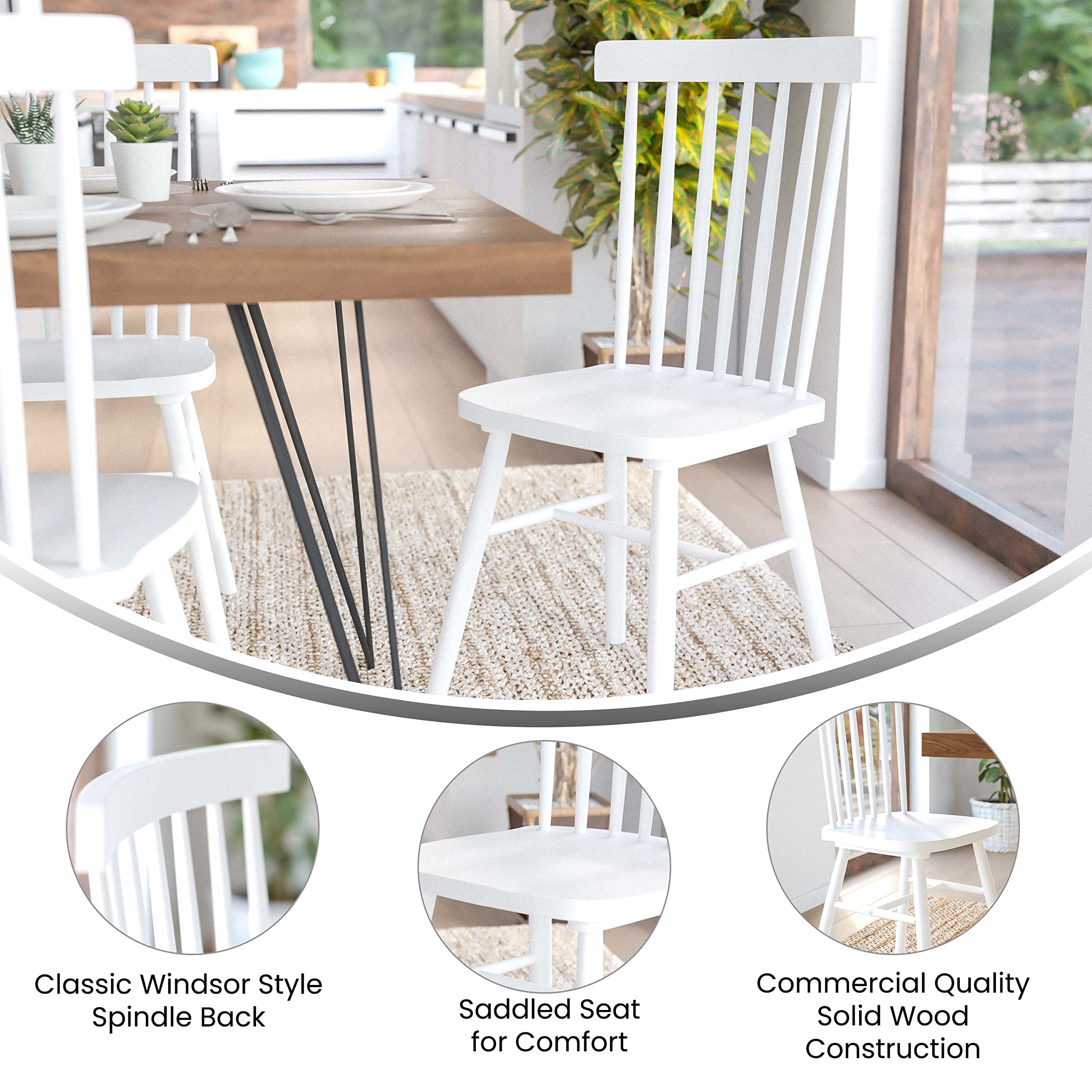 Flash Furniture Ingrid Commercial Grade Windsor Dining Chairs - White Solid Wood Spindle Back Armless Chairs for Kitchen, Dining Room & Restaurant - No Assembly Required - Perfect for Home, Office & Commercial Use