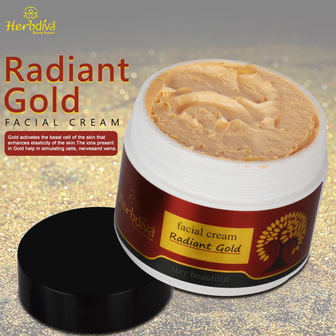 Herbdiva Radiant Gold Face Massage Cream 250g - Anti-Aging, Brightening & Hydrating Facial Moisturizer for Youthful Glow | Nourishes All Skin Types | Perfect for Daily Skincare & Spa Night Routine