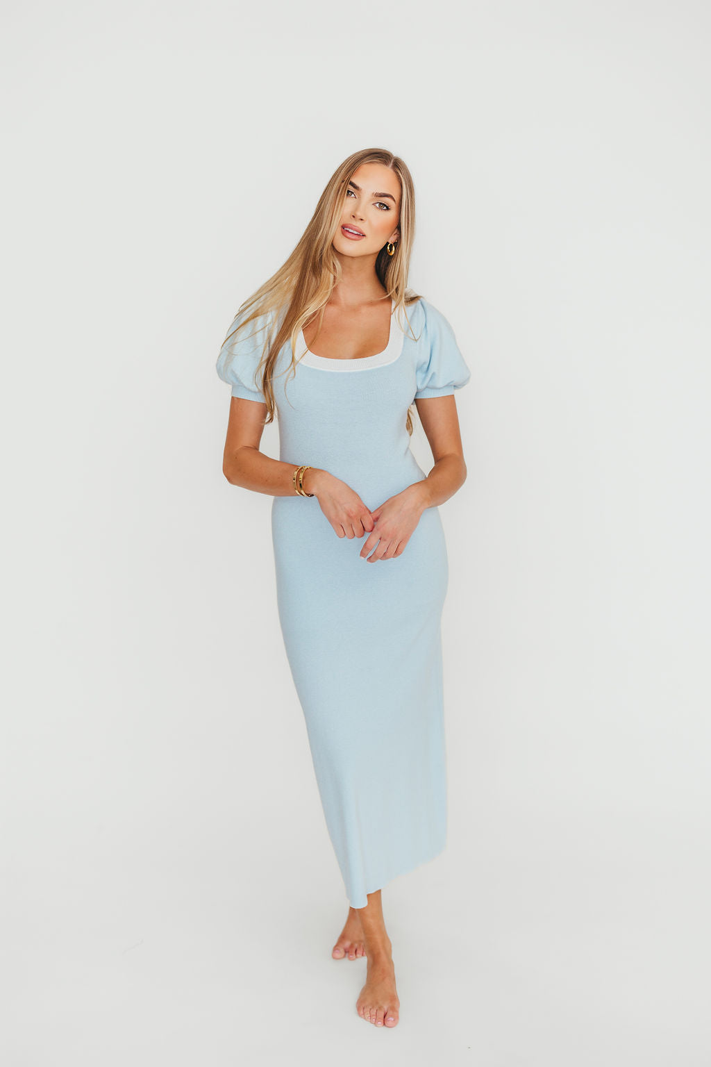 Mary Kate Bow Shoulder Sweater Maxi Dress in Sky Blue & White | Elegant Long Sleeve Knit Dress for Women | Perfect for Fall Weddings, Holiday Parties & Special Occasions