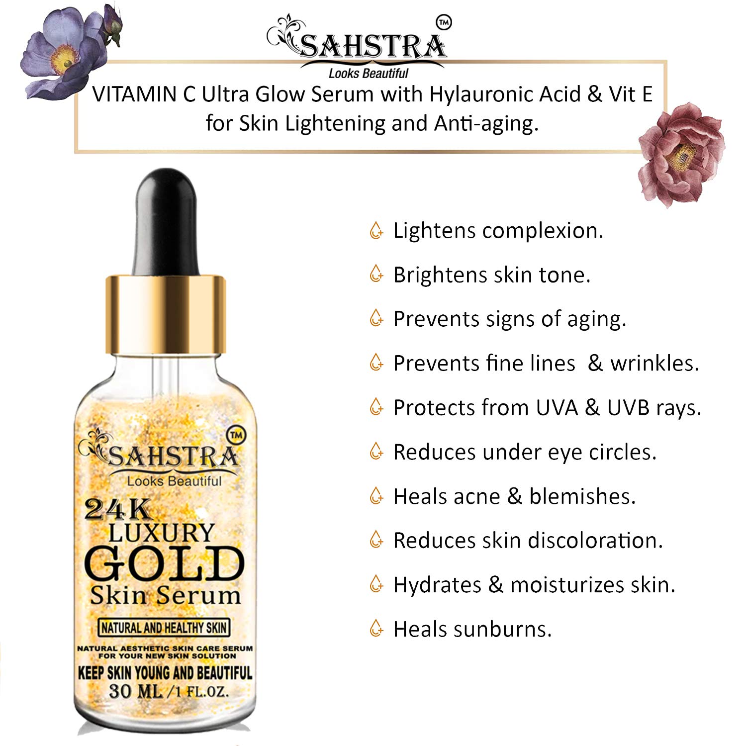 SAHSTRA 24K Gold Facial Serum - Anti-Aging Skin Booster for Women & Men (30ml) | Hydrating & Brightening Face Treatment for Glowing Skin | Day & Night Skincare Routine