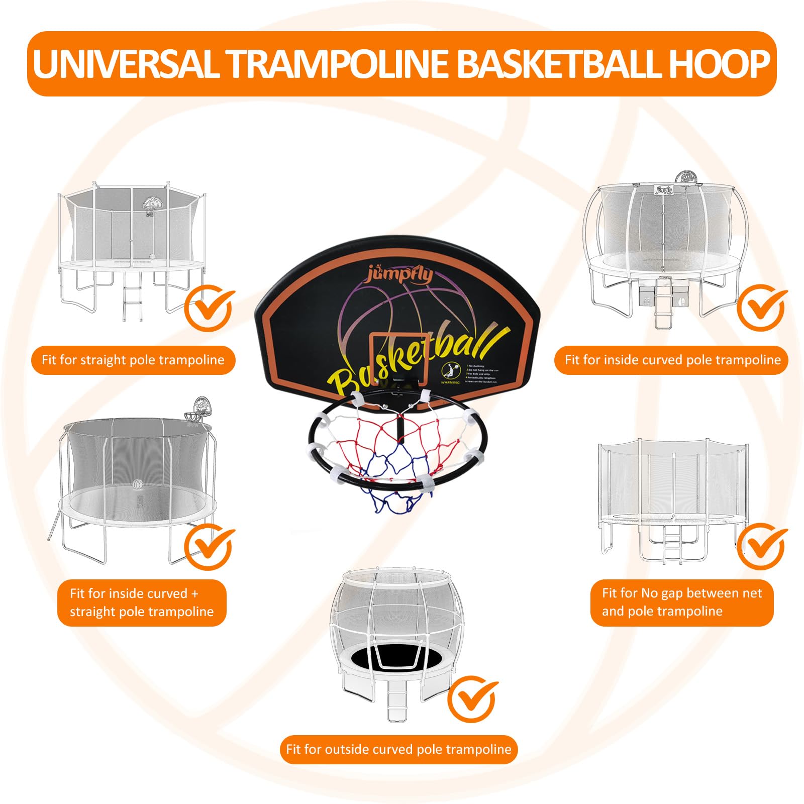 Jumpfly Trampoline Basketball Hoop Set - Universal Easy Install Basketball Hoop Attachment for Straight & Curved Trampoline Poles - Includes Mini Balls & Air Pump - Perfect for Backyard Fun, Kids Outdoor Games & Trampoline Exercise Accessories