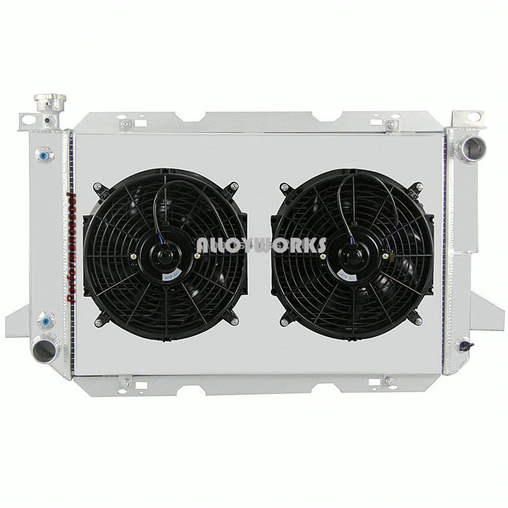 AlloyWorks 4-Row Aluminum Radiator with Fan Shroud Kit & Relay for 1985-1997 Ford F-150 F-250 F-350 & Bronco V8 - High-Performance Cooling Upgrade for Trucks & Off-Road Vehicles