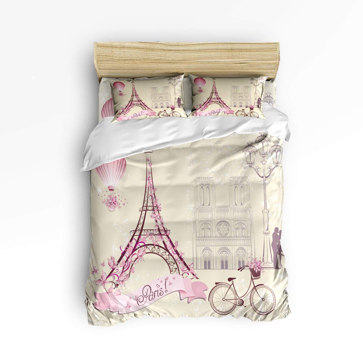 Queen Size Christmas 4-Piece Duvet Cover Set with Zipper - Romantic Eiffel Tower & Bicycle Pattern Bedding Set (1 Duvet Cover + 1 Fitted Sheet + 2 Pillowcases) - Perfect for Kids' Room, Holiday Decor & Cozy Winter Nights