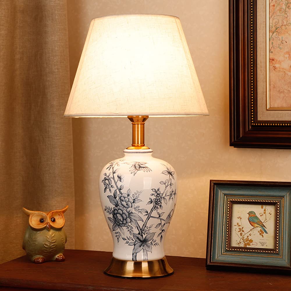 20-inch Antique Ceramic Vase Table Lamp with Drum Shade - Bedside Nightstand & Desk Lighting for Bedroom, Living Room, Home Office - Perfect for Reading, Relaxing & Home Decor
