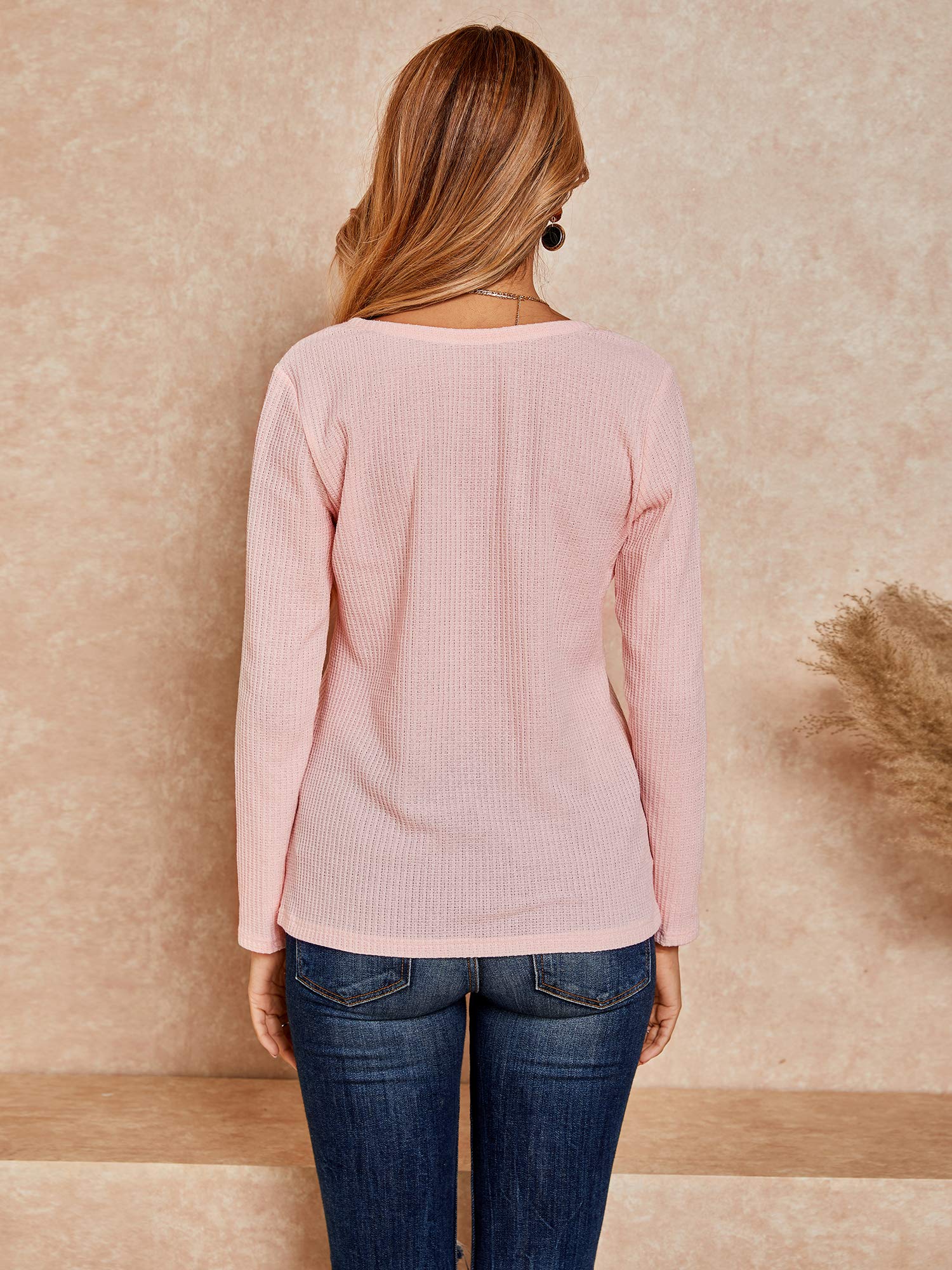 Women's V-Neck Waffle Knit Long Sleeve Shirt - Loose Fit Warm Pullover Sweater for Casual Wear & Layering in Fall/Winter