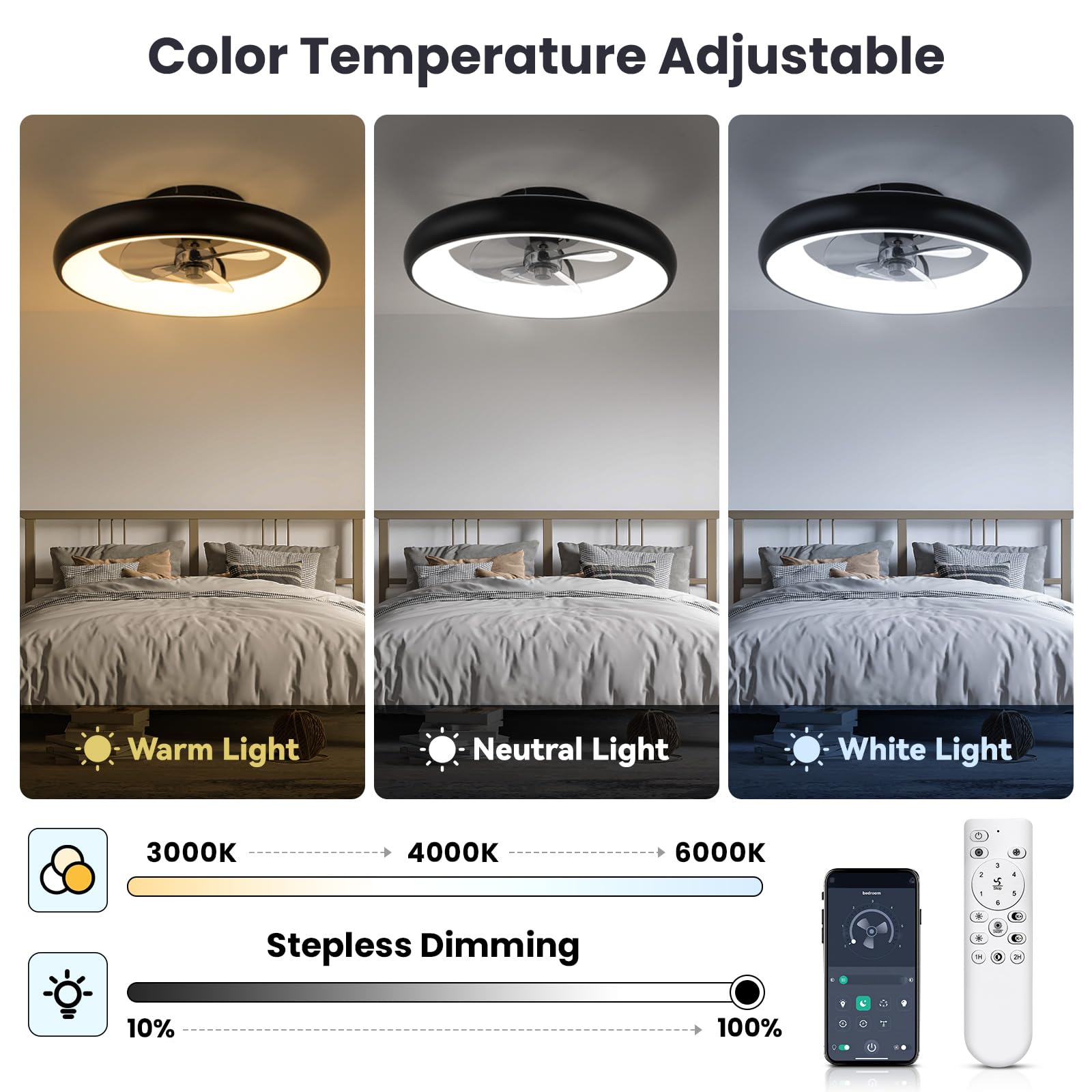 Ltemziiy 52 Inch Smart Ceiling Fan with LED Light and Remote Control - 3 Color Temperatures, 6 Speed Settings, Reversible DC Motor - Ideal for Living Room, Bedroom, and Office (Black)