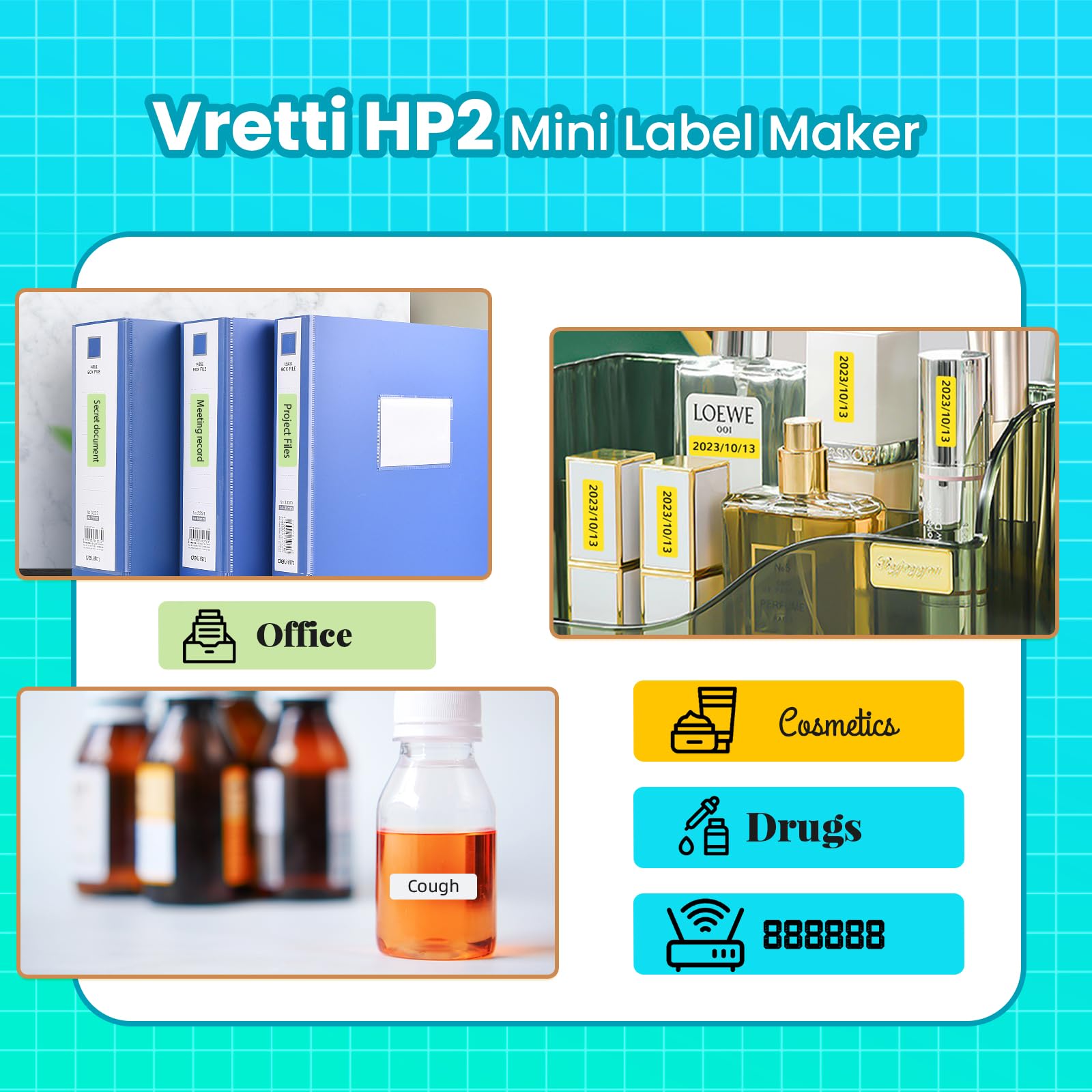 Vretti HP2 Portable Bluetooth Label Maker Machine with Tape - Wireless Mini Sticker Printer for Home Office, Storage Organization, Shipping Labels & Barcodes - Includes Multiple Templates (White) | Perfect for Pantry Organization, File Sorting & Package Labeling