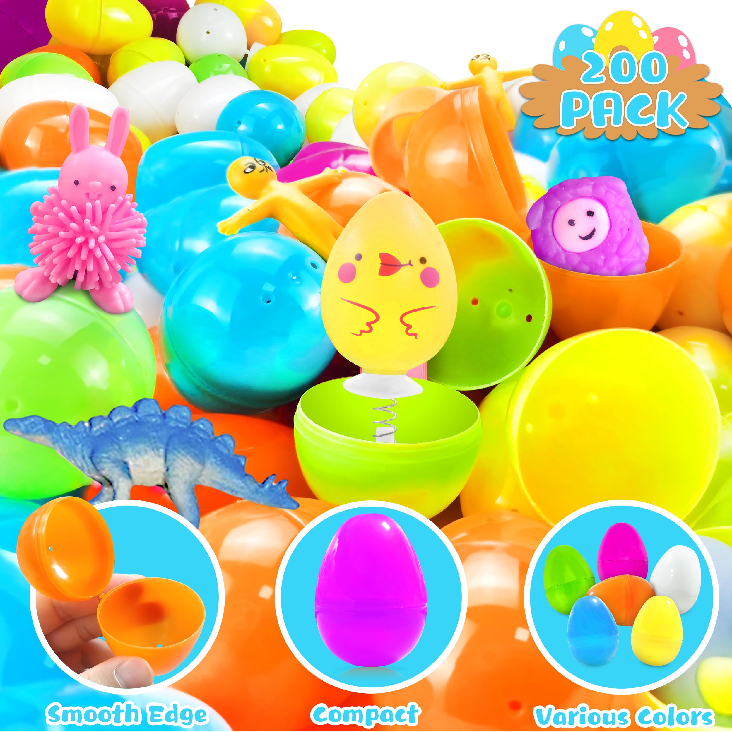 LINAYE 200 Packs Prefilled Easter Eggs with Toys Inside - Colorful Stuffed Plastic Eggs for Easter Egg Hunt, Easter Basket Stuffers, Kids Party Favors & Toddler Gifts (Perfect for Easter Celebrations, Classroom Activities & Birthday Party Games)