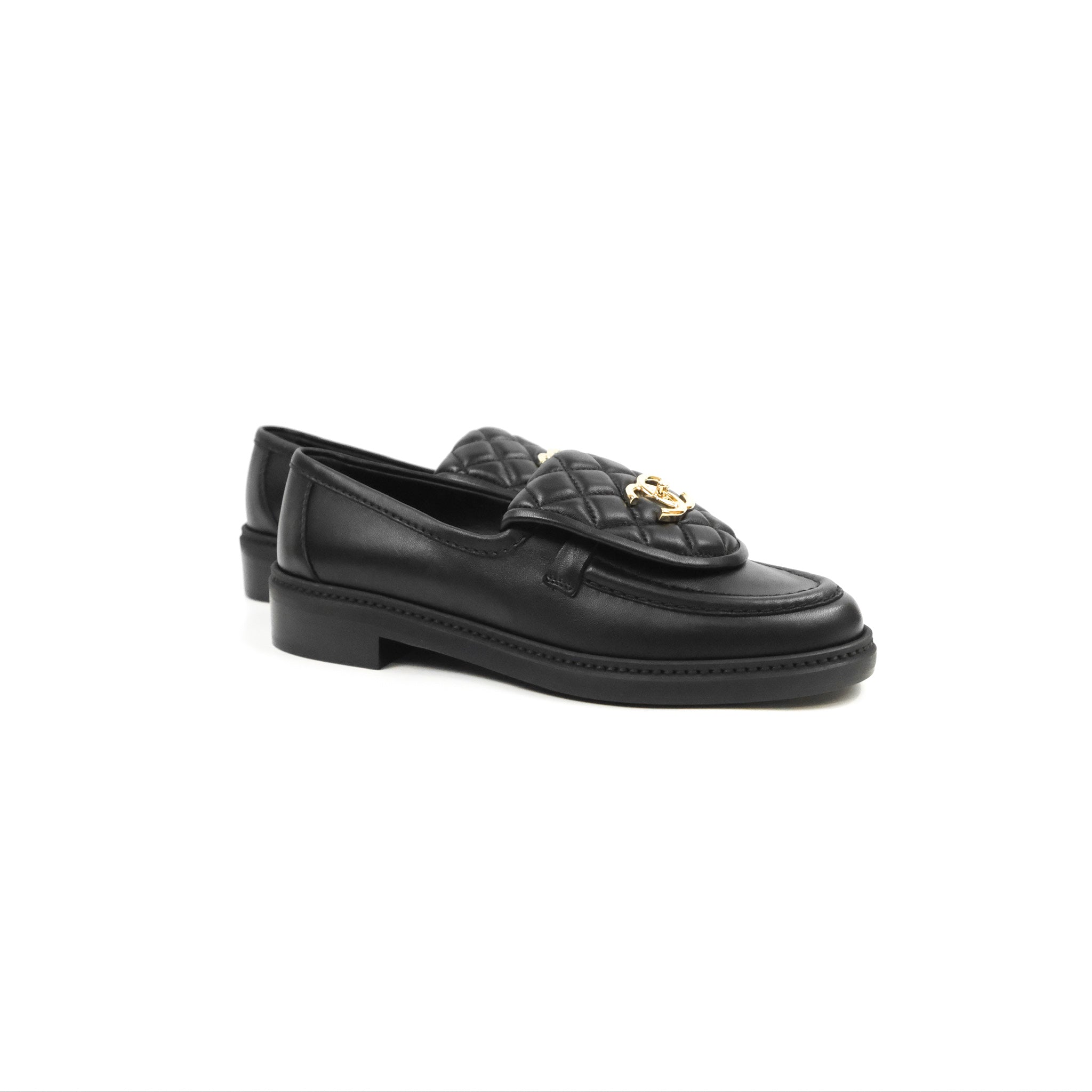 Chanel CC Turnlock Loafers - Quilted Black Calfskin Leather Shoes with Gold Hardware - Women's Size 37.5 (US 7) - Luxury Designer Flats for Work, Office & Formal Occasions