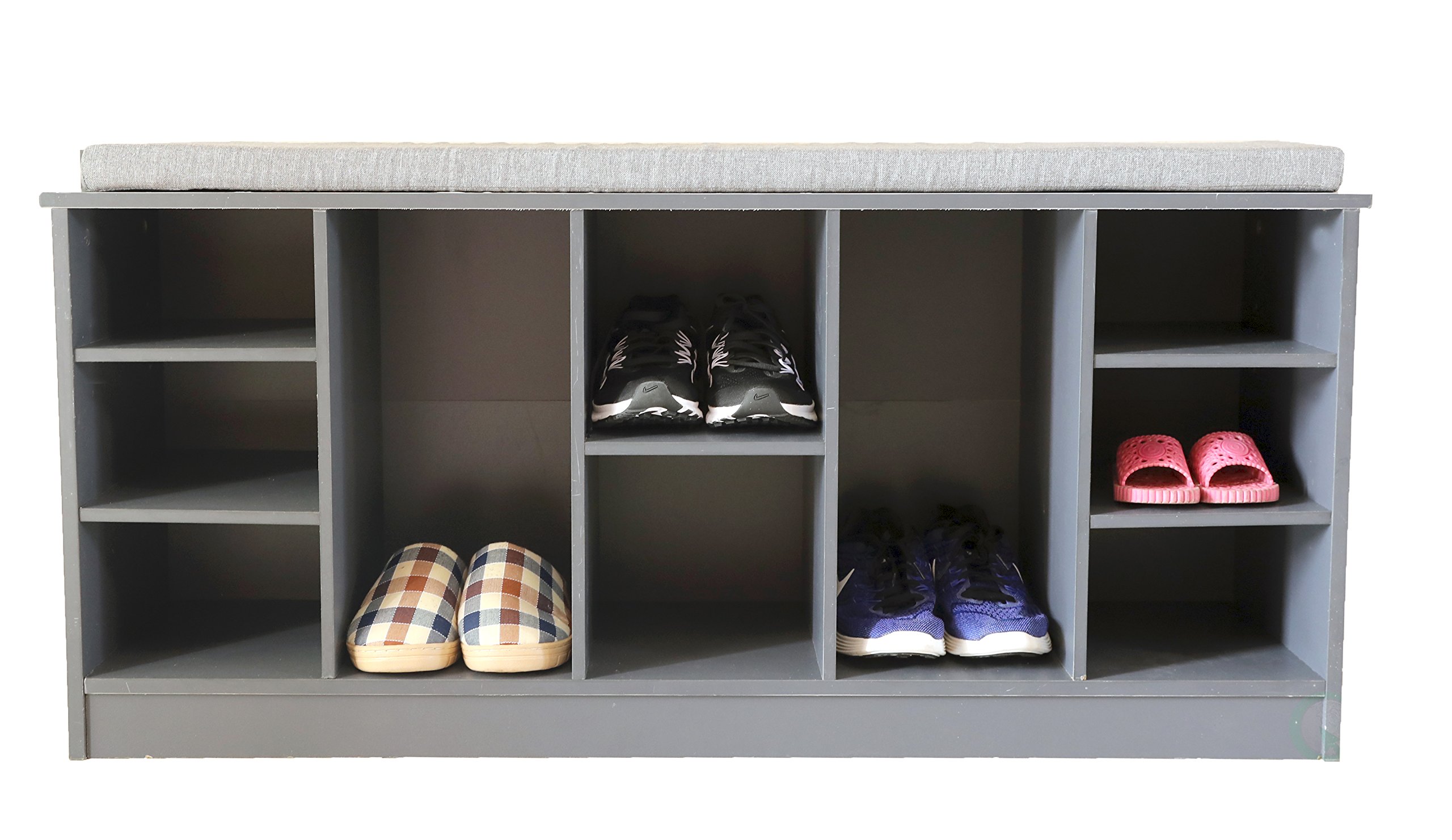 Basicwise QI003280LNEW Wooden Shoe Storage Bench with Soft Cushion - Entryway Organizer & Seating Solution, Grey - Perfect for Hallway, Mudroom & Small Space Organization