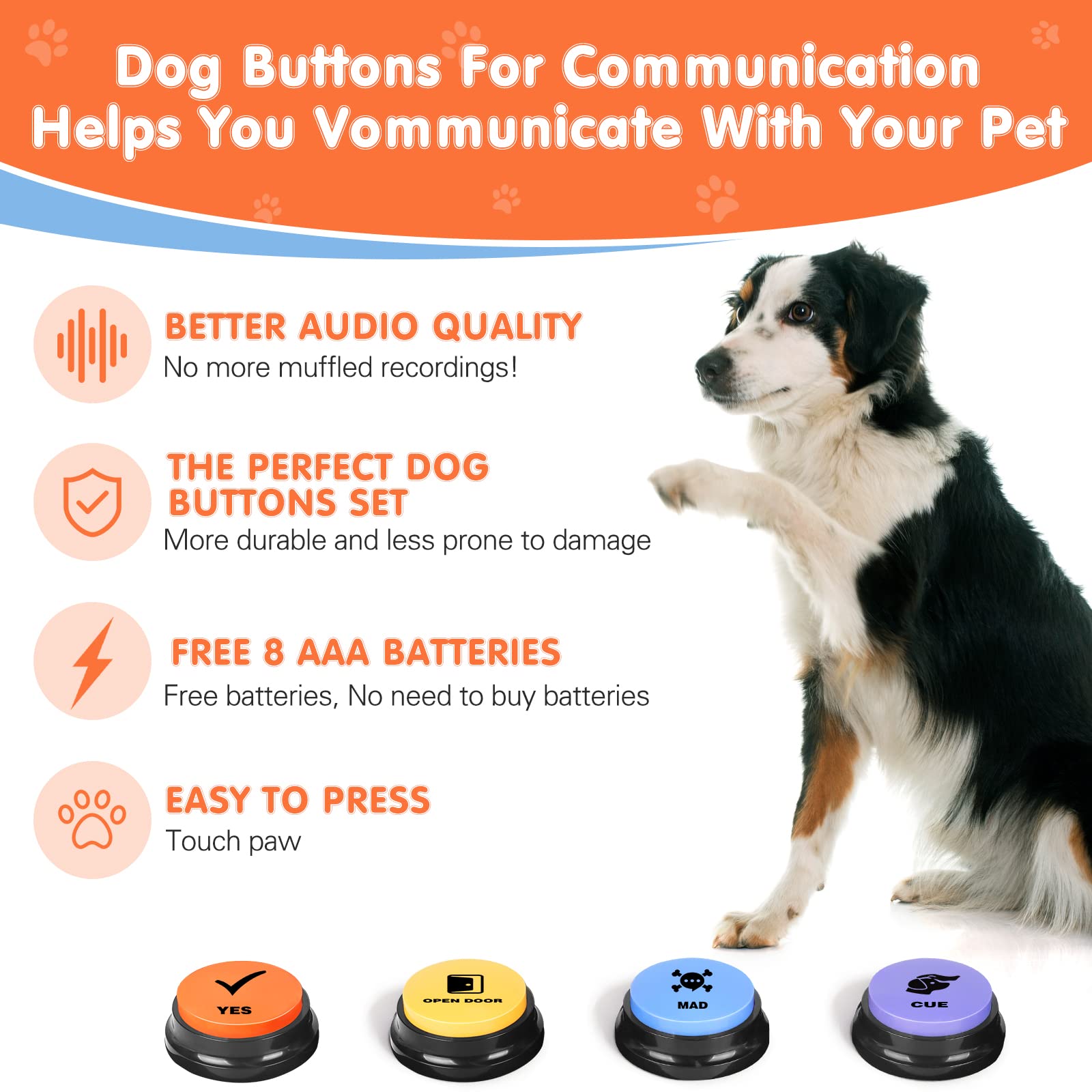 Dog Communication Buttons - 4 Recordable Sound Buttons with 24 Training Scenes & Non-Slip Mat for Pet Training | Includes 8 AAA Batteries | Perfect for Teaching Dogs to Talk & Express Needs