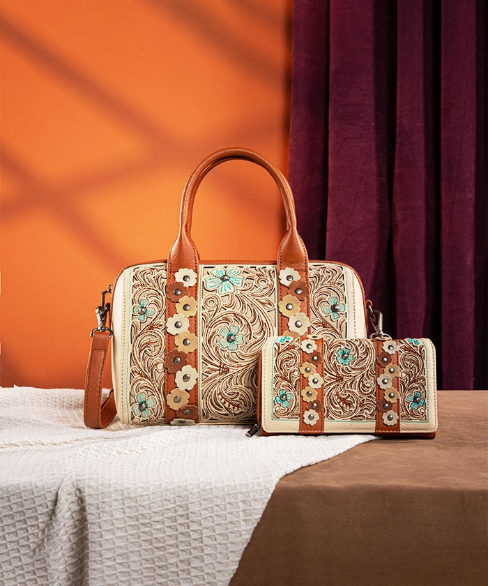 Montana West Embroidered Floral Cut Out Boston Bag Set - Stylish Leather Shoulder Purse for Women, Perfect for Work, Travel & Everyday Use