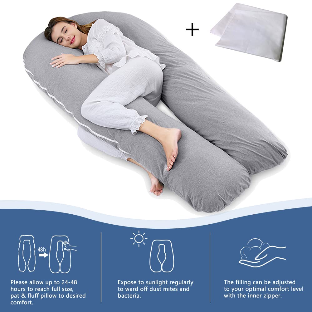 AngQi Full Body Support Pillow with Cooling Jersey Cover - U-Shaped Maternity Pillow for Pregnancy Comfort & Pain Relief - Perfect for Side Sleepers, Back Pain, and Postpartum Recovery
